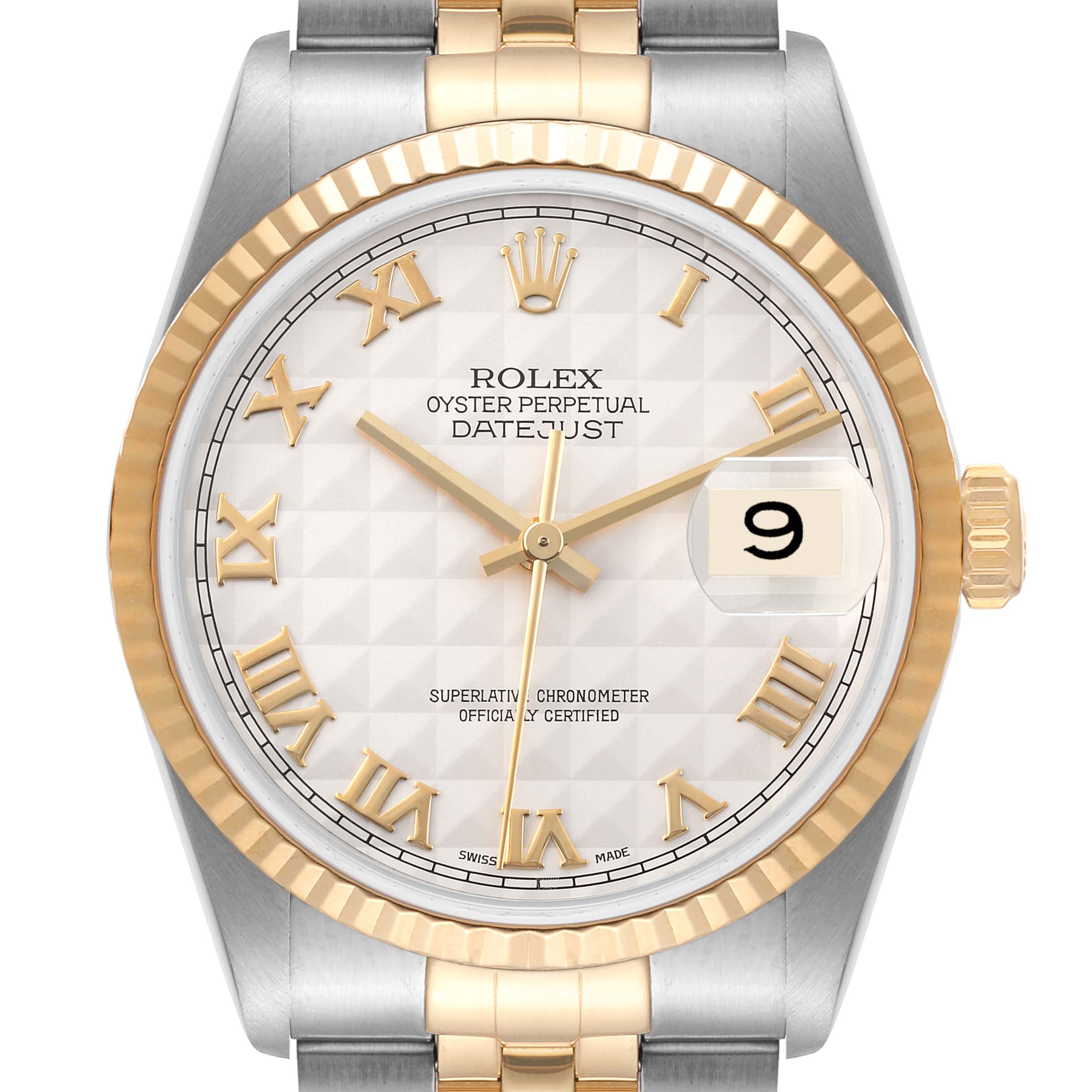 The image shows a front view of a Rolex Datejust 16233 Men's Steel and Gold (two tone) Beige Dial 16233 Men's Steel and Gold (two tone) Beige Dial, highlighting the dial, bezel, crown, and part of the bracelet.
