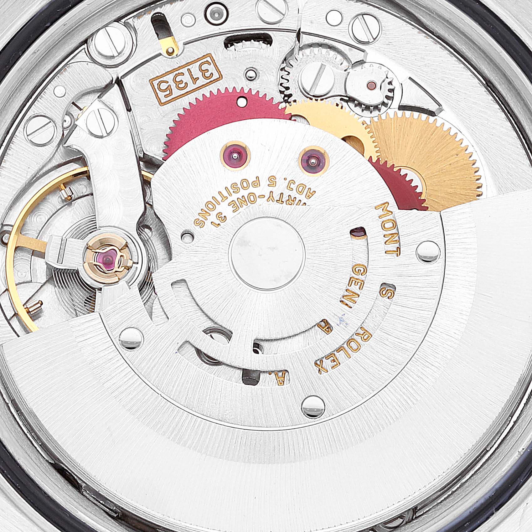 This image shows an up-close view of the movement components inside a Rolex Datejust 16233 Men's Steel and Gold (two tone) Beige Dial 16233 Men's Steel and Gold (two tone) Beige Dial watch.