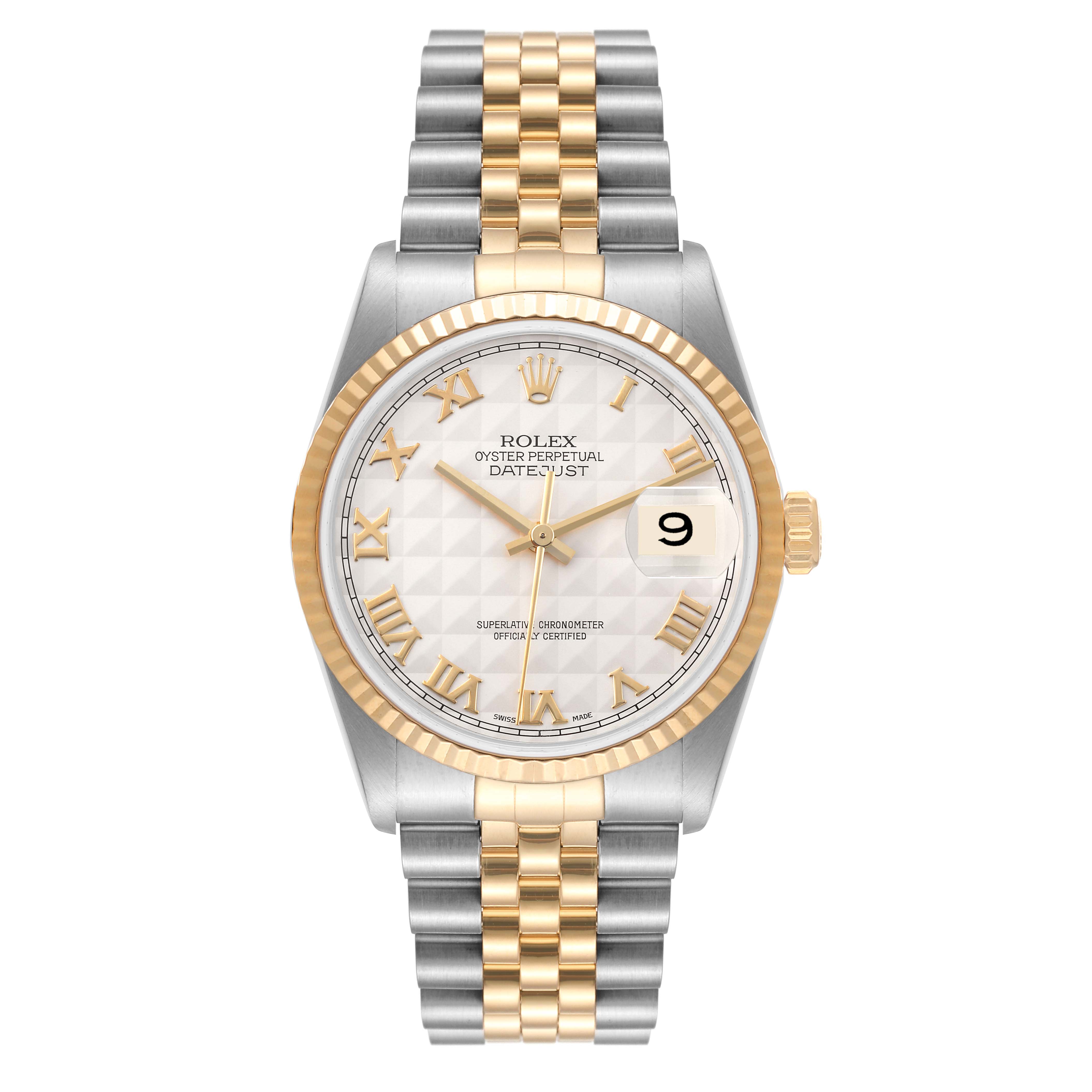 The image displays a front view of a Rolex Datejust 16233 Men's Steel and Gold (two tone) Beige Dial 16233 Men's Steel and Gold (two tone) Beige Dial watch, highlighting its dial, bezel, and two-tone bracelet.