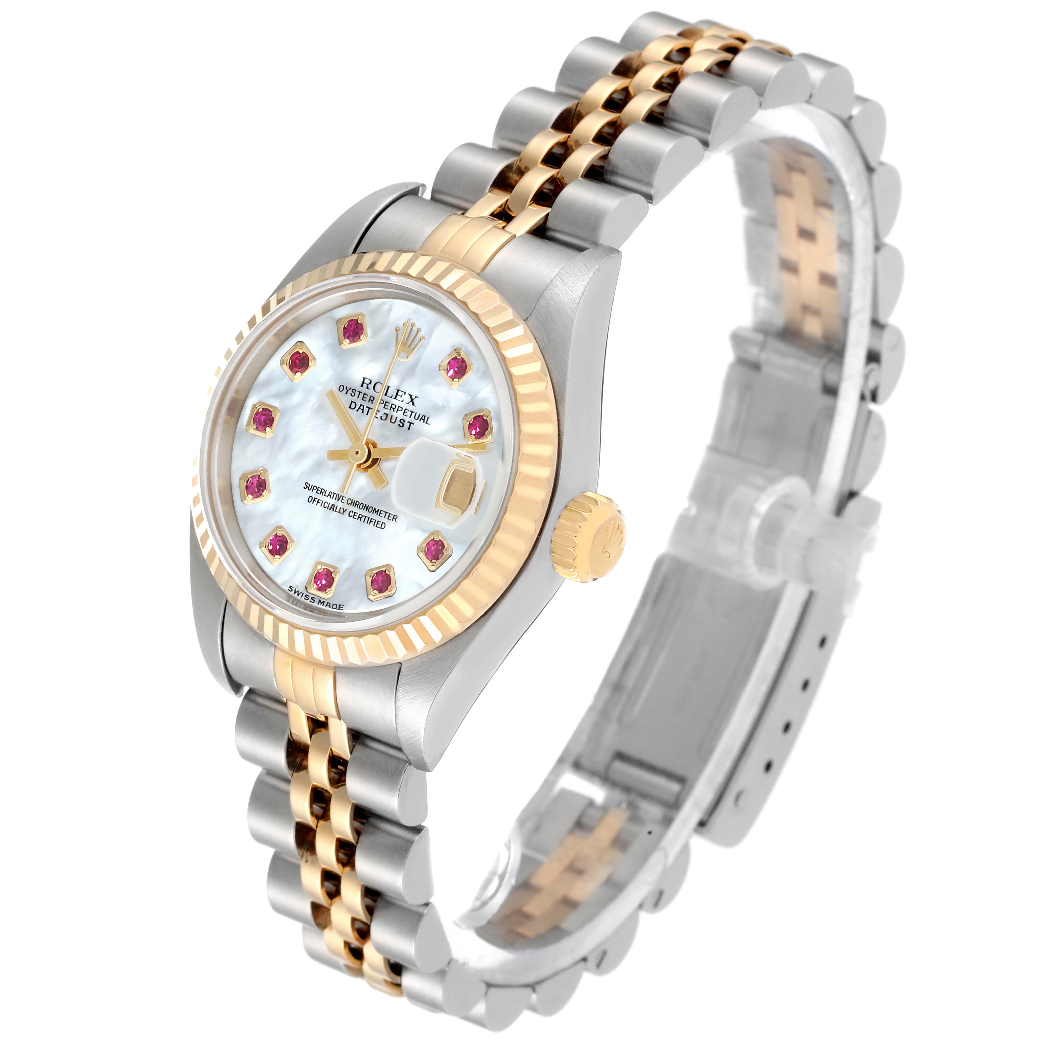 This image shows a Rolex Datejust 79173 Women's Steel and Gold (two tone) Mother of Pearl Dial 79173 Women's Steel and Gold (two tone) Mother of Pearl Dial watch at a three-quarter angle, highlighting its bracelet, dial, bezel, and crown.