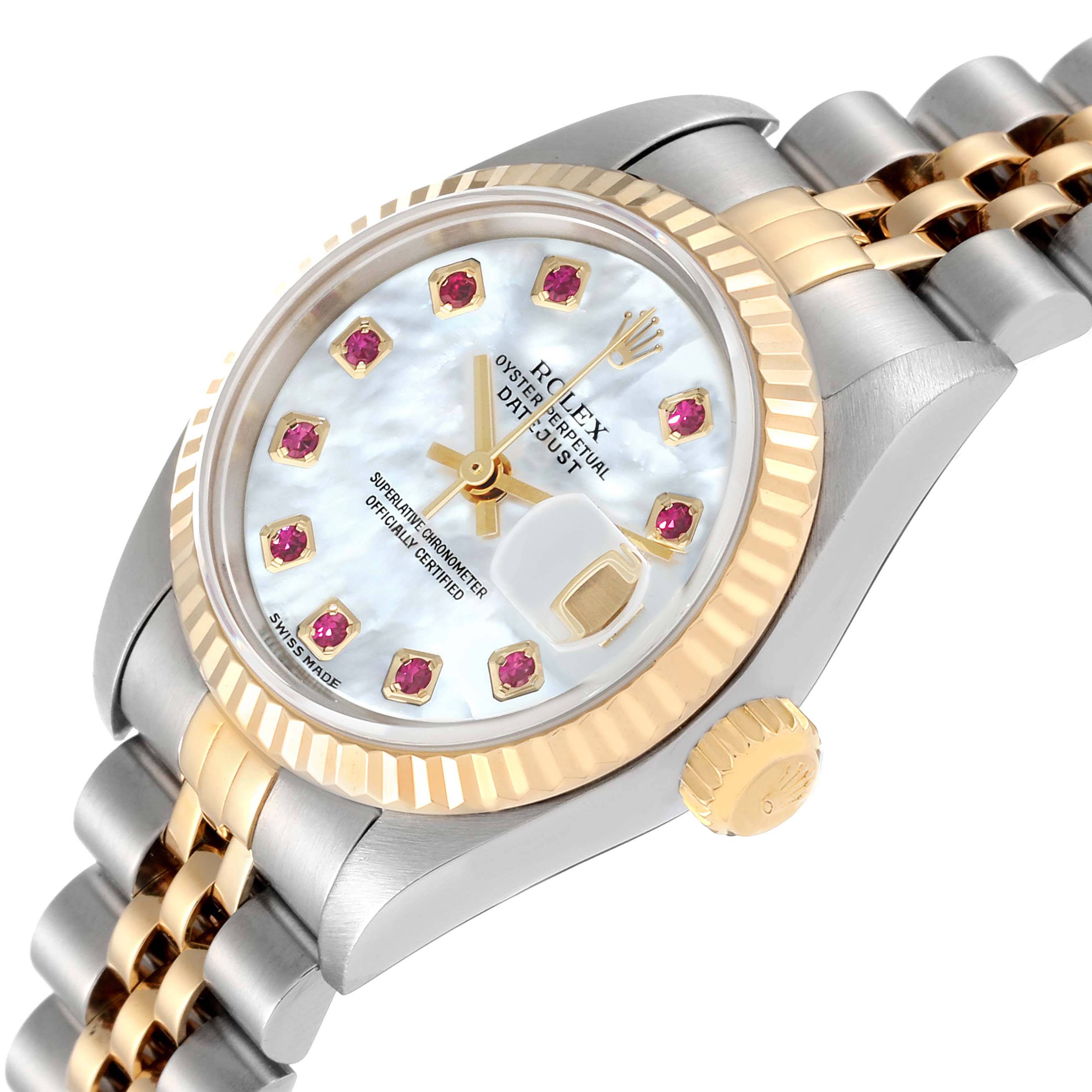 This image shows a close-up of the face, bezel, and part of the bracelet of the Rolex Datejust 79173 Women's Steel and Gold (two tone) Mother of Pearl Dial 79173 Women's Steel and Gold (two tone) Mother of Pearl Dial watch.