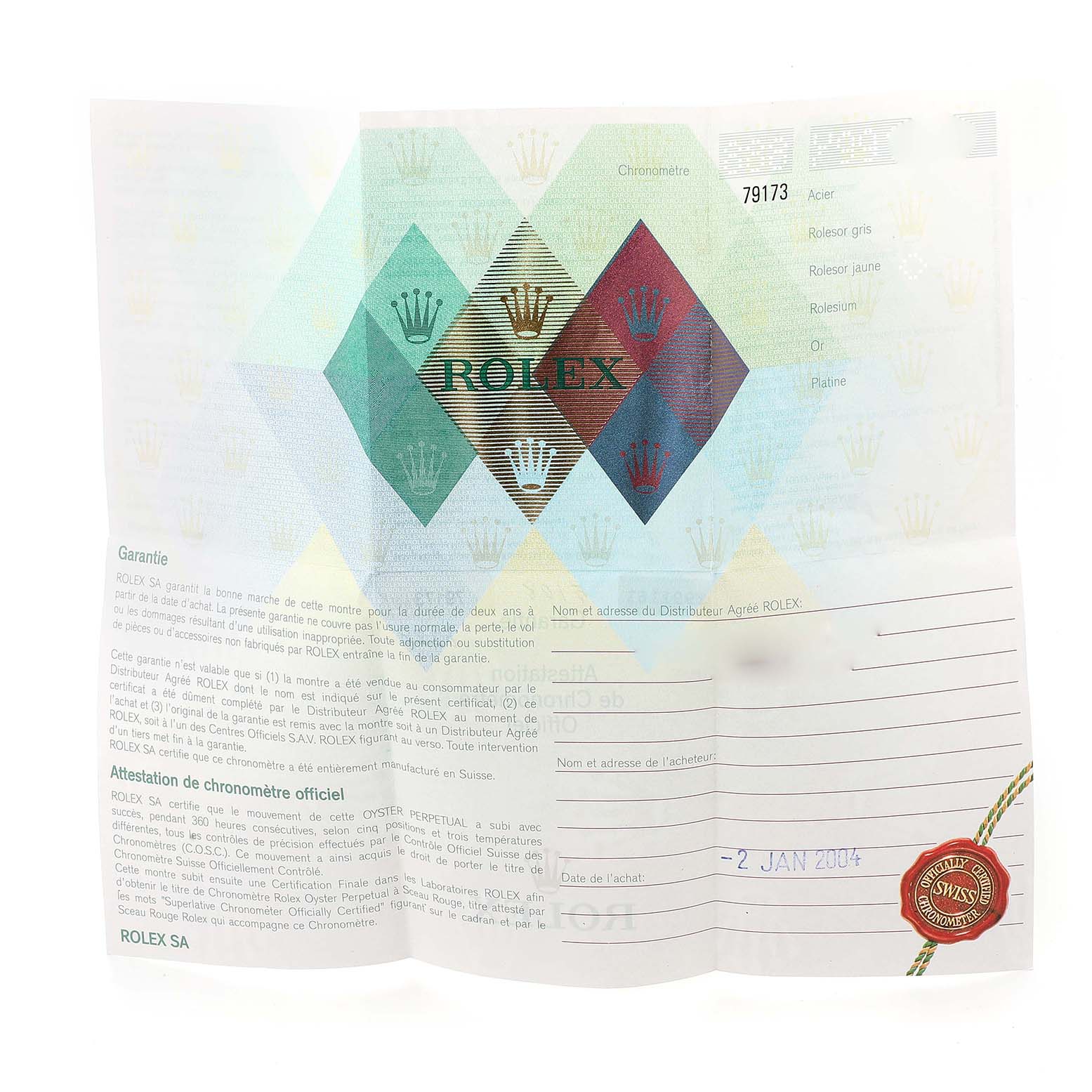 The image shows a folded Rolex guarantee booklet for the Datejust model.