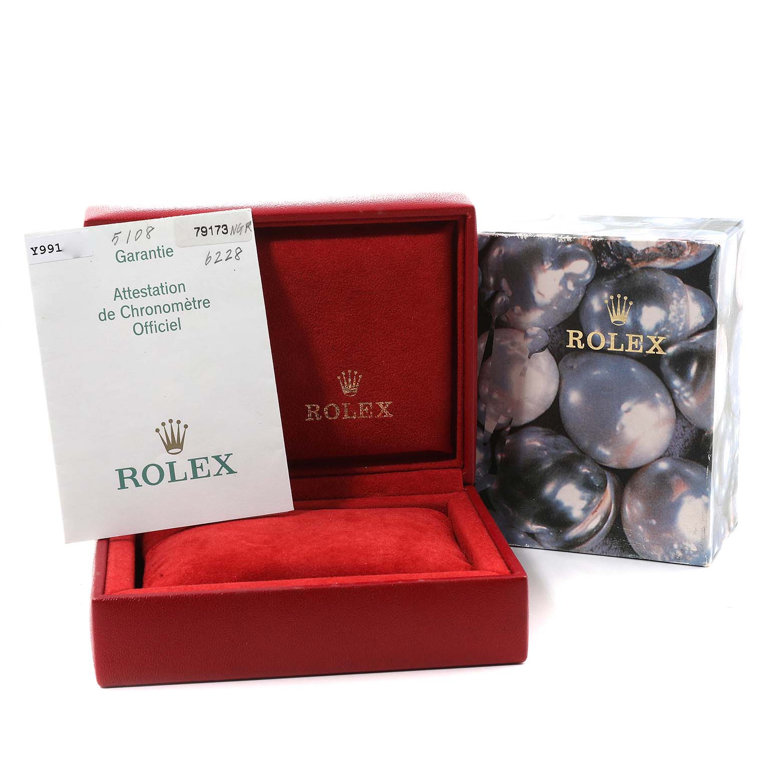 The image shows the red box and documentation for the Rolex Datejust 79173 Women's Steel and Gold (two tone) Mother of Pearl Dial 79173 Women's Steel and Gold (two tone) Mother of Pearl Dial watch without the actual watch.