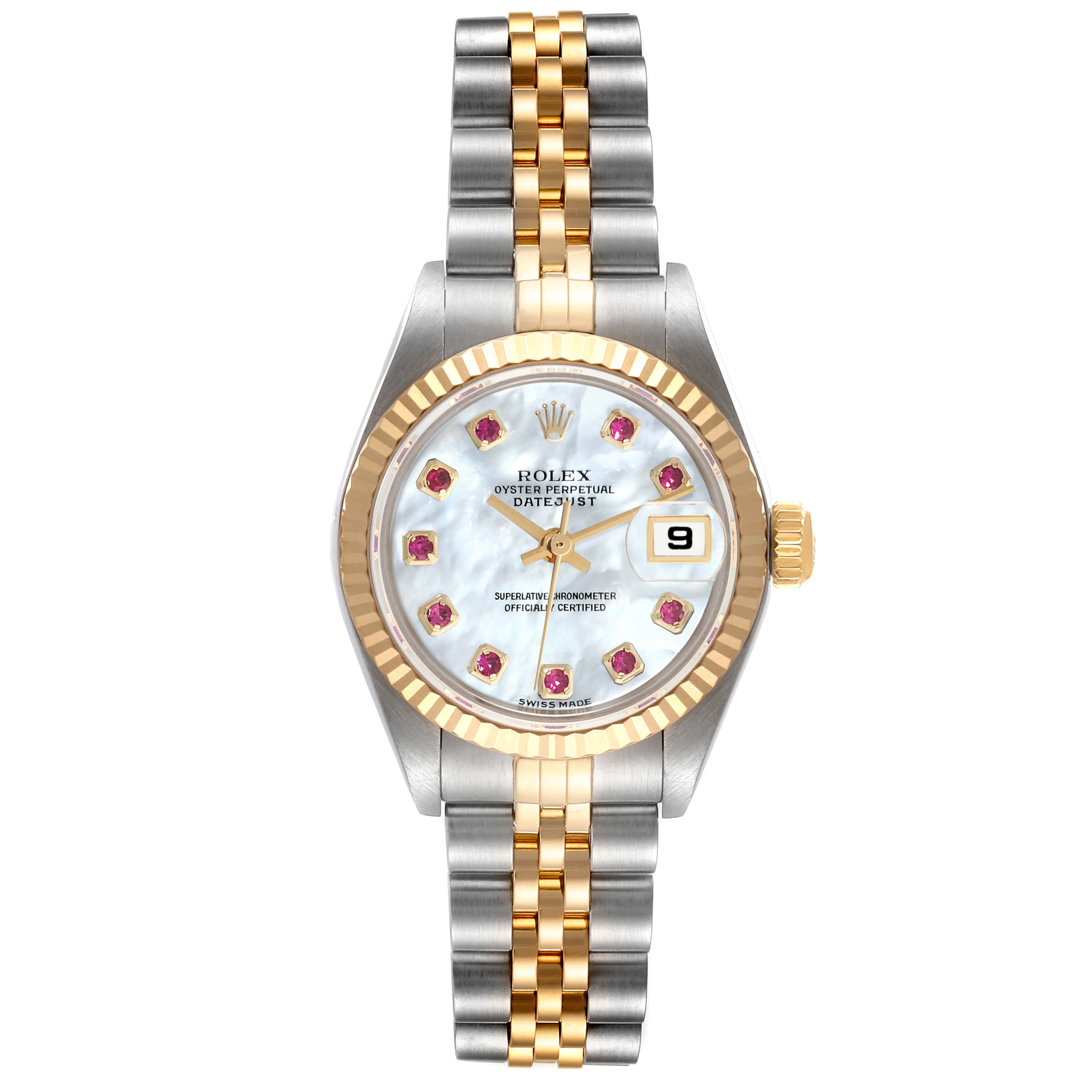 The Rolex Datejust 79173 Women's Steel and Gold (two tone) Mother of Pearl Dial 79173 Women's Steel and Gold (two tone) Mother of Pearl Dial watch is shown from a top-down angle, displaying its dial, bezel, and two-tone bracelet.