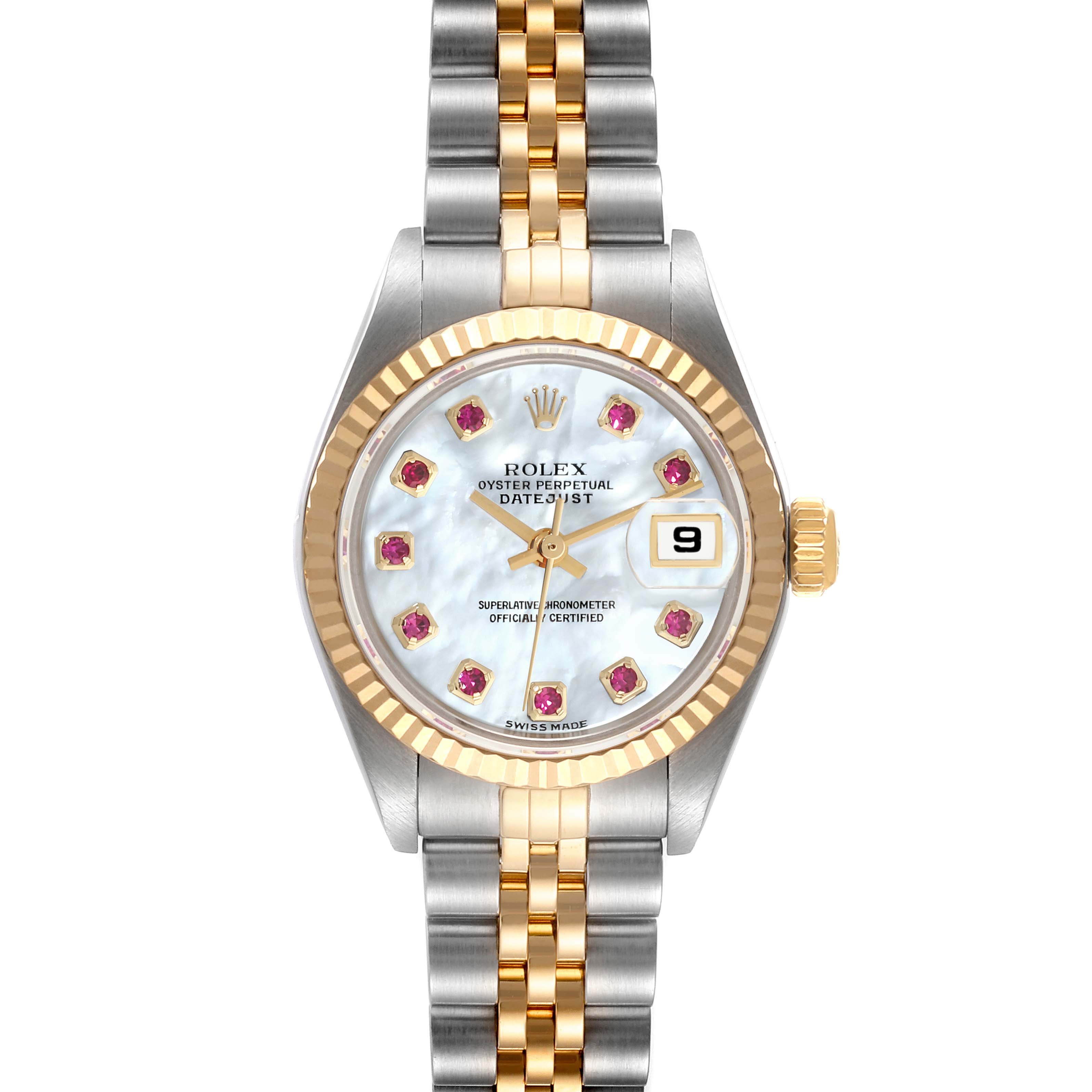 This image shows a Rolex Datejust 79173 Women's Steel and Gold (two tone) Mother of Pearl Dial 79173 Women's Steel and Gold (two tone) Mother of Pearl Dial watch from the front, highlighting its dial, bezel, and two-tone bracelet.