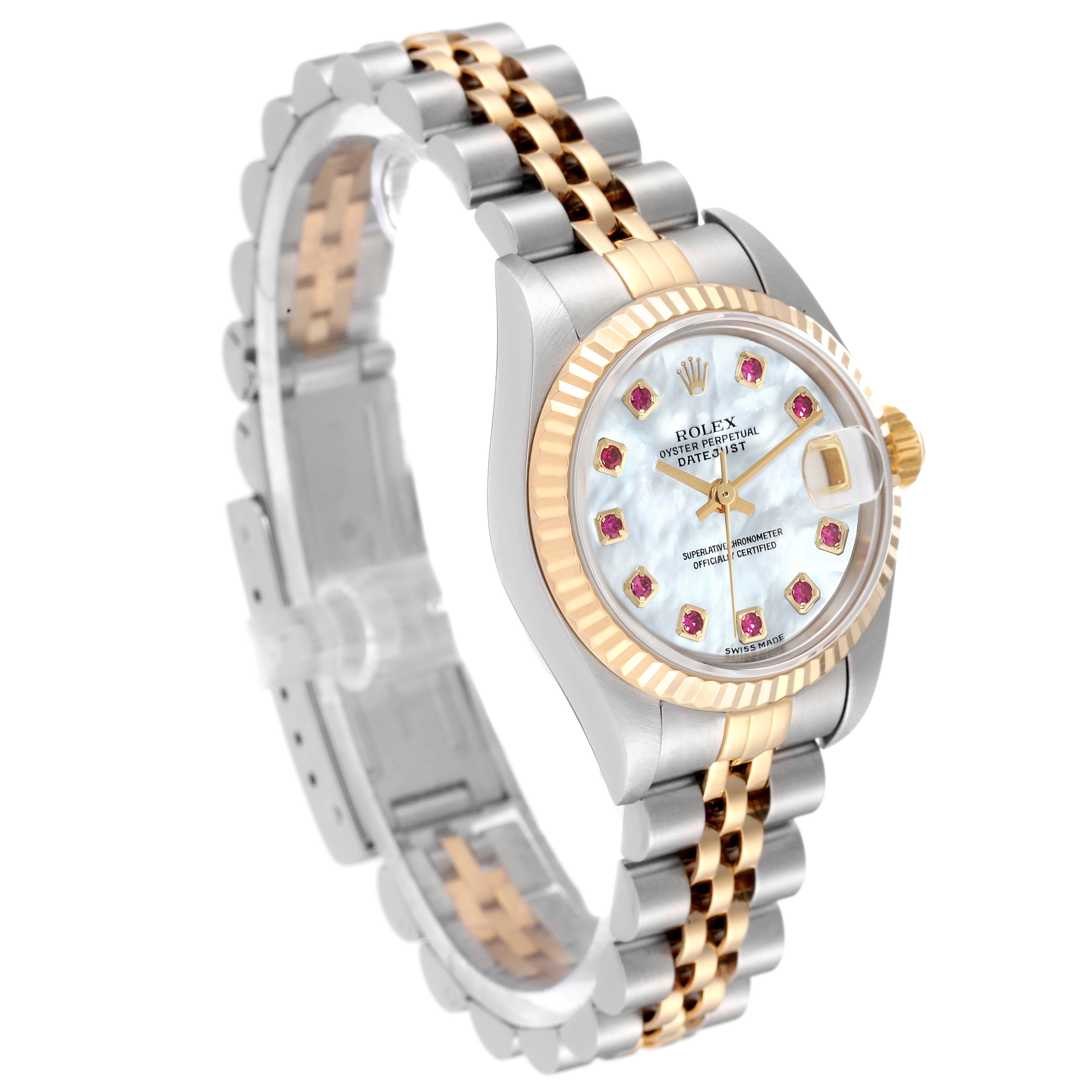 The Rolex Datejust 79173 Women's Steel and Gold (two tone) Mother of Pearl Dial 79173 Women's Steel and Gold (two tone) Mother of Pearl Dial watch is shown at a tilted angle, highlighting its dial, bezel, bracelet, and crown.