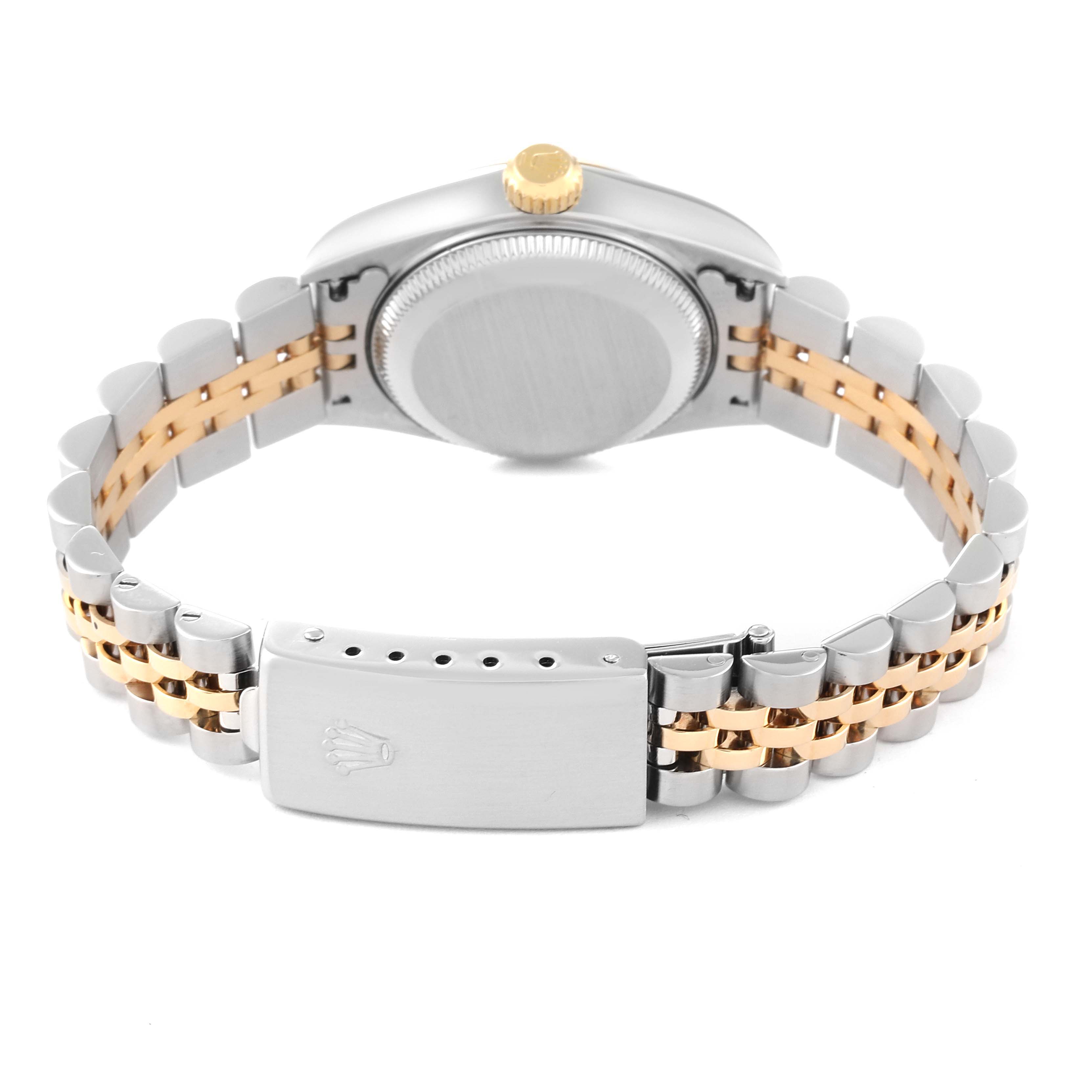 This image shows the back of a Rolex Datejust 79173 Women's Steel and Gold (two tone) Mother of Pearl Dial 79173 Women's Steel and Gold (two tone) Mother of Pearl Dial watch, highlighting its two-tone jubilee bracelet and clasp.