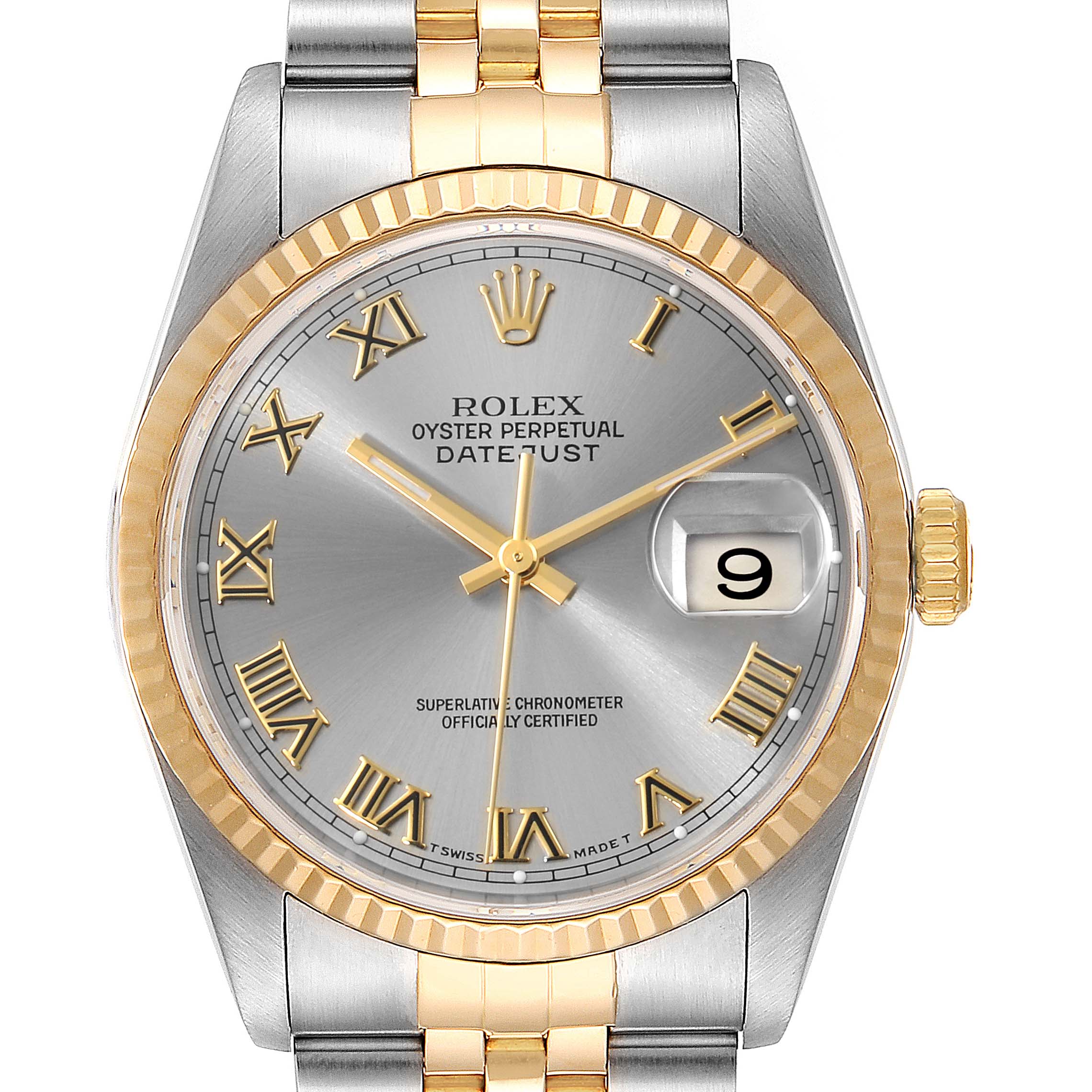 The image shows a top view of a Rolex Datejust 16233 Men
s Steel and Gold (two tone) Grey Dial 16233 Men
s Steel and Gold (two tone) Grey Dial watch, highlighting the dial, bezel, bracelet, and crown.
