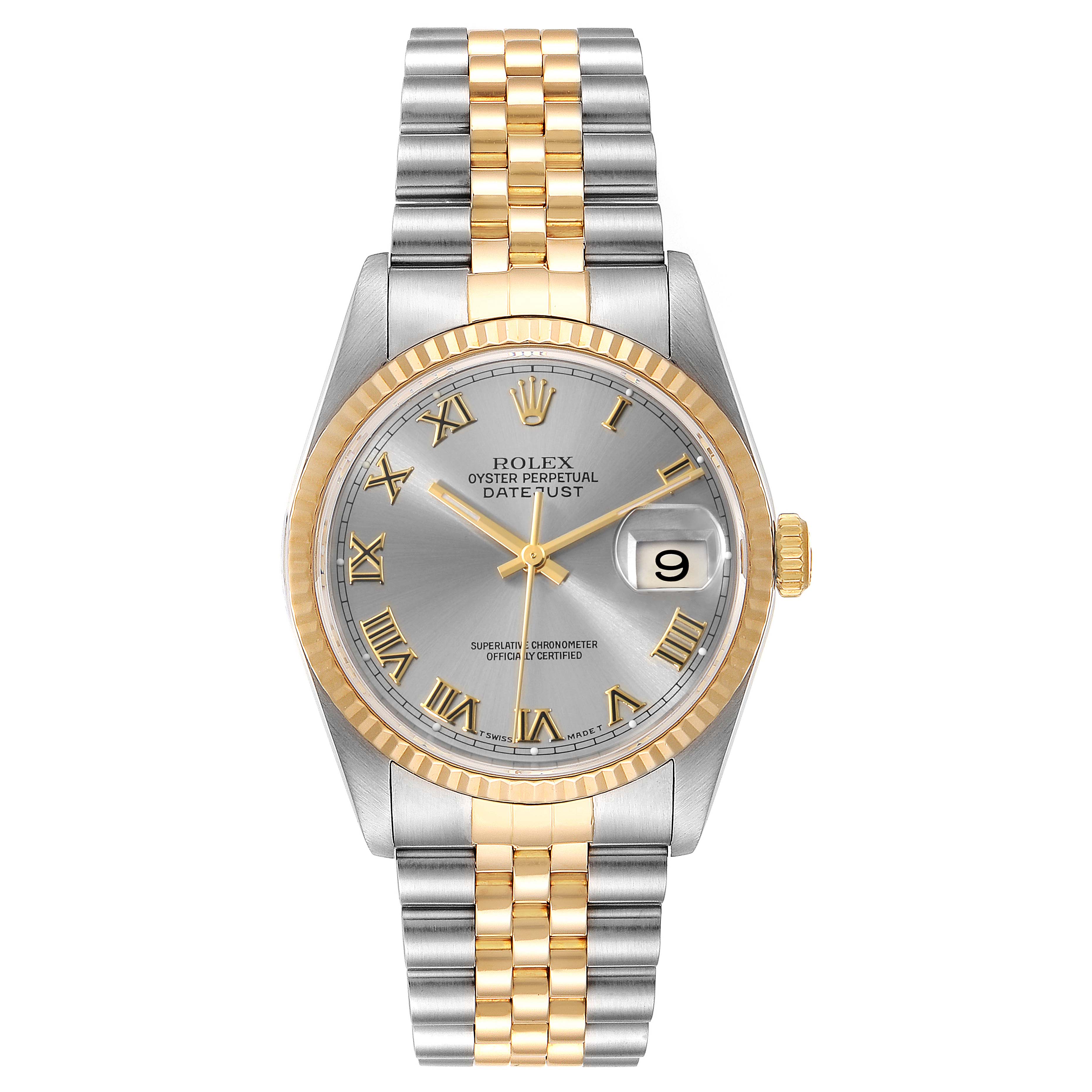 This Rolex Datejust 16233 Men
s Steel and Gold (two tone) Grey Dial 16233 Men
s Steel and Gold (two tone) Grey Dial watch is shown in a front view, displaying the dial, bezel, and bracelet.