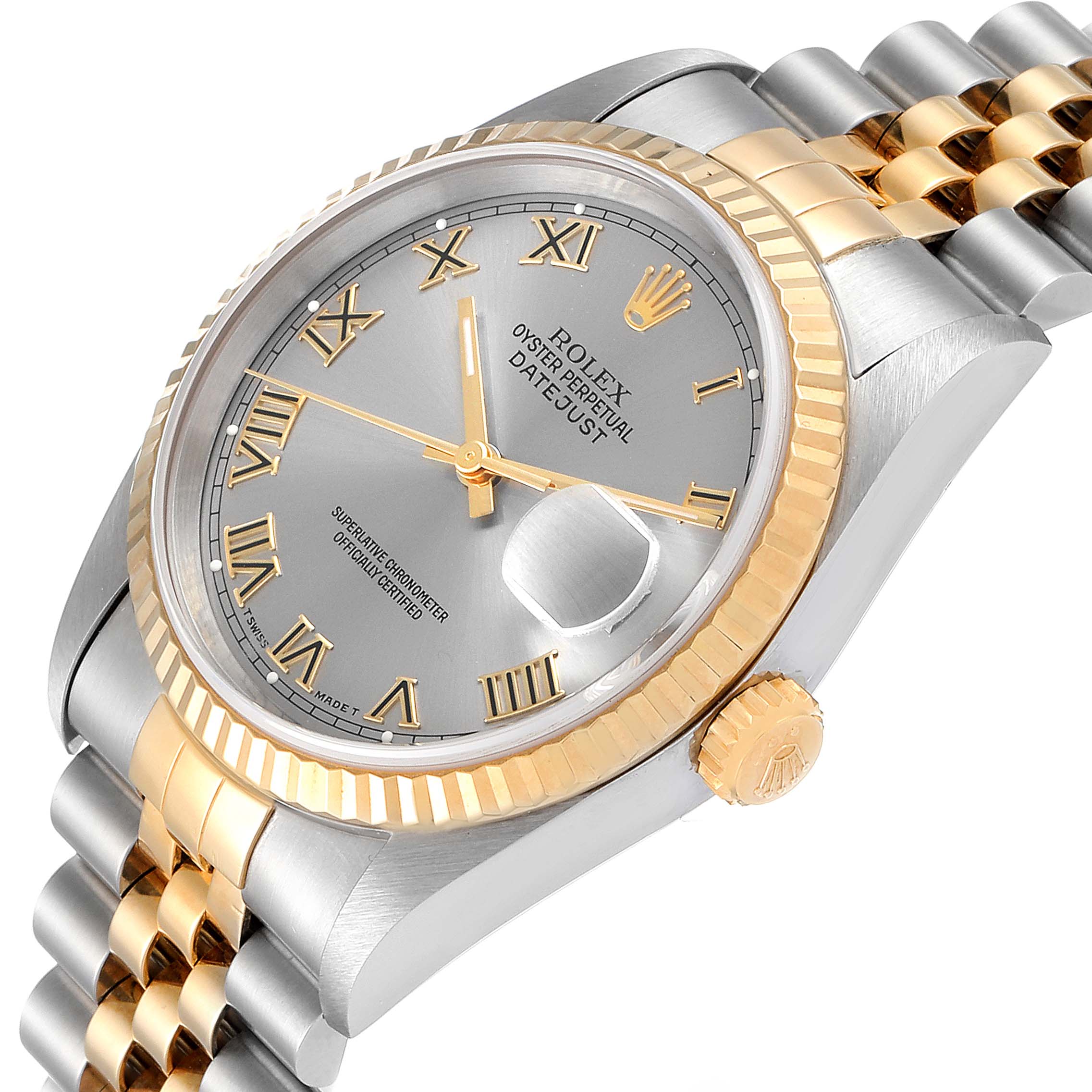 This Rolex Datejust 16233 Men
s Steel and Gold (two tone) Grey Dial 16233 Men
s Steel and Gold (two tone) Grey Dial watch is shown at an angle, highlighting the face, crown, and part of the bracelet.