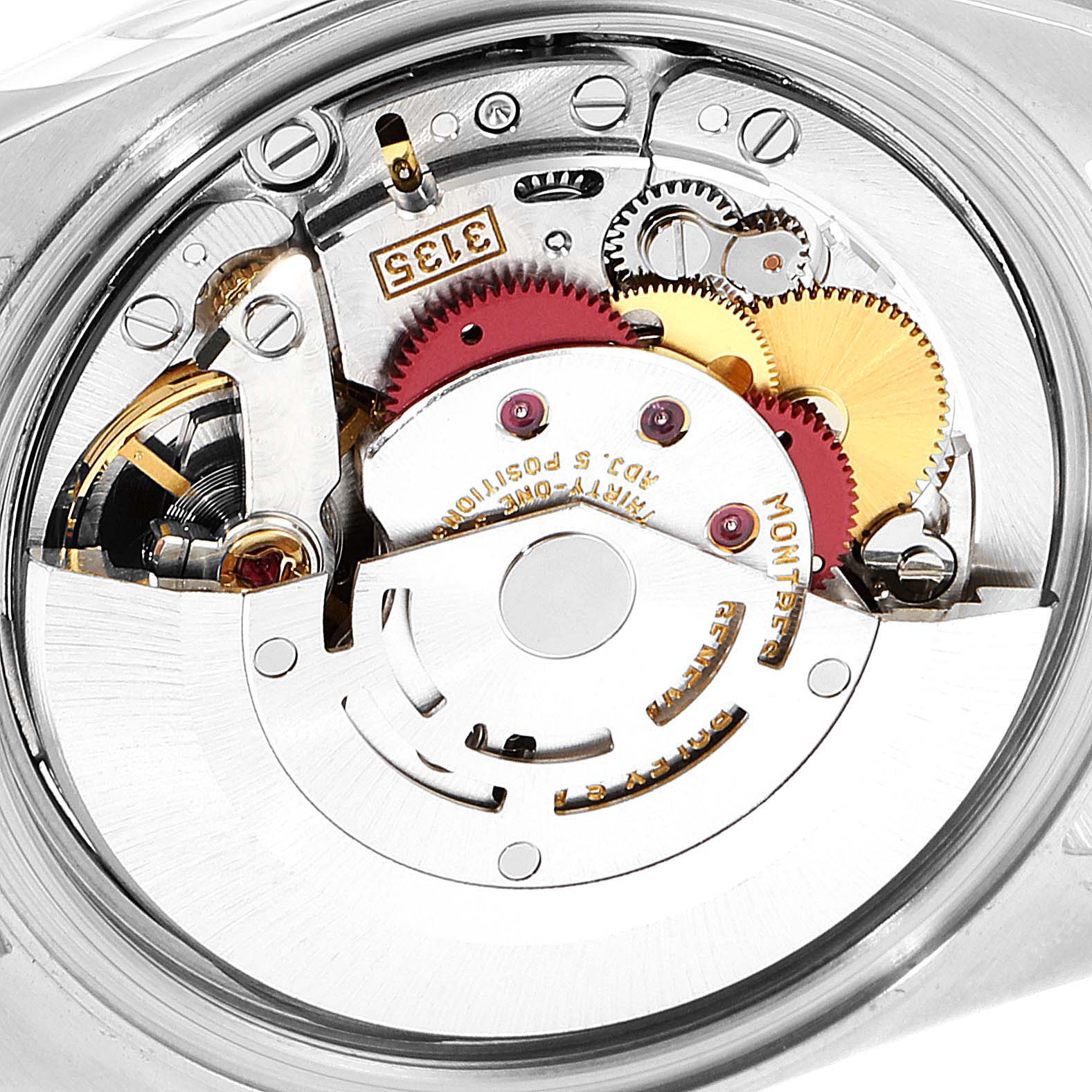 The image shows the interior mechanism of a Rolex Datejust 16233 Men
s Steel and Gold (two tone) Grey Dial 16233 Men
s Steel and Gold (two tone) Grey Dial model watch, focusing on its gears and movement parts.