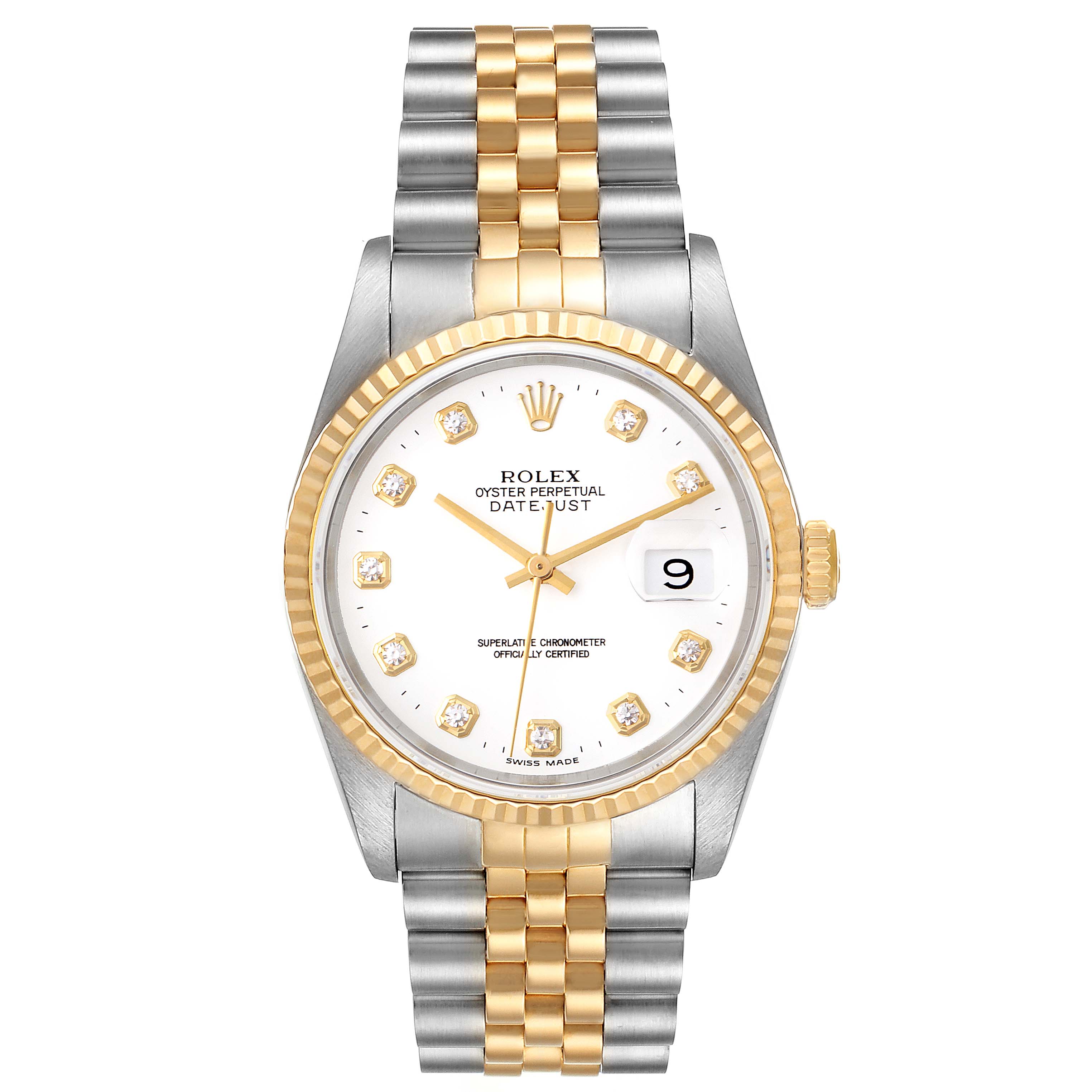 This is a front view of a Rolex Datejust 16233 Men's Steel and Gold (two tone) White Dial 16233 Men's Steel and Gold (two tone) White Dial watch, showcasing the dial, bezel, crown, and two-tone bracelet.