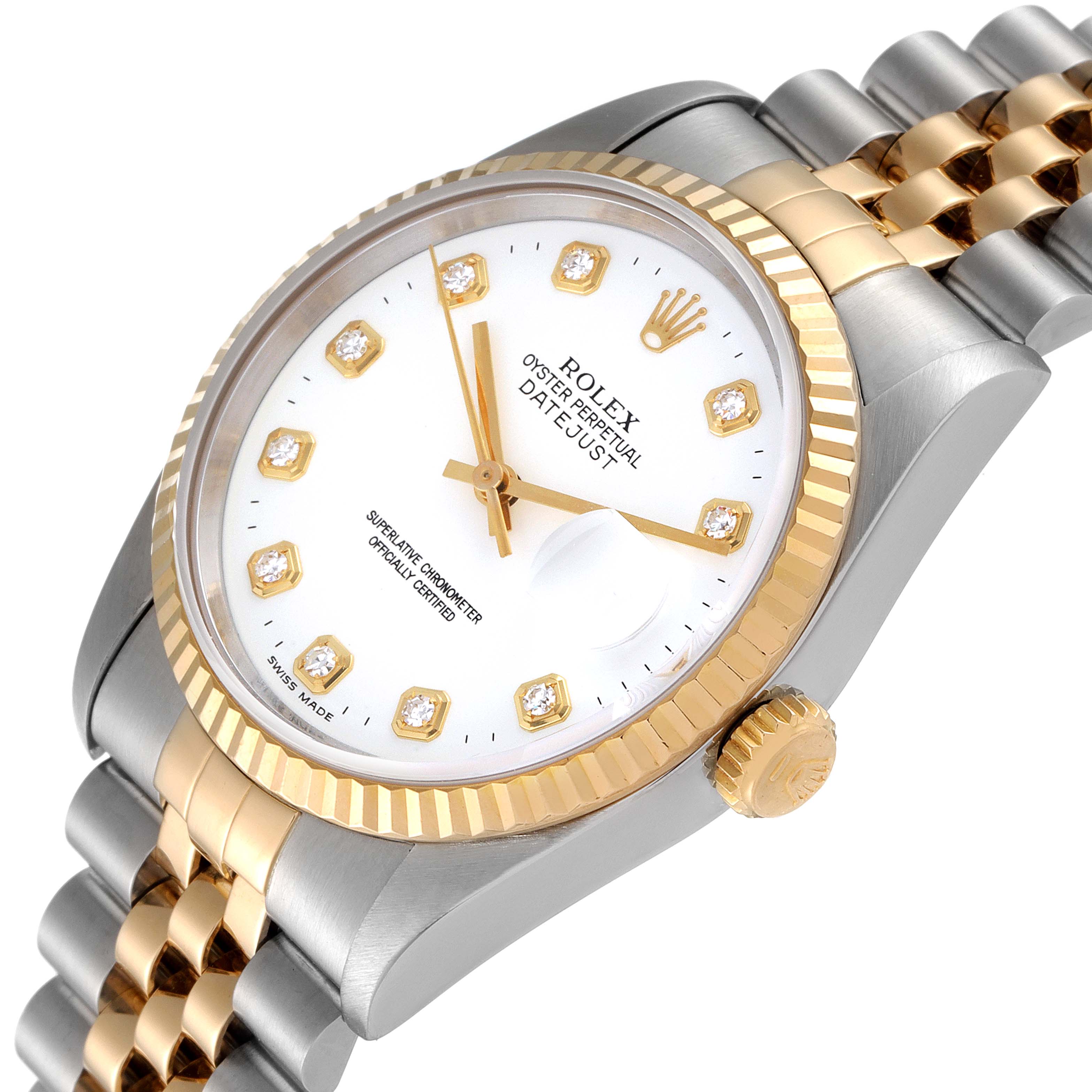 This image shows a Rolex Datejust 16233 Men's Steel and Gold (two tone) White Dial 16233 Men's Steel and Gold (two tone) White Dial watch angled to display the face, dial, and part of the bracelet.