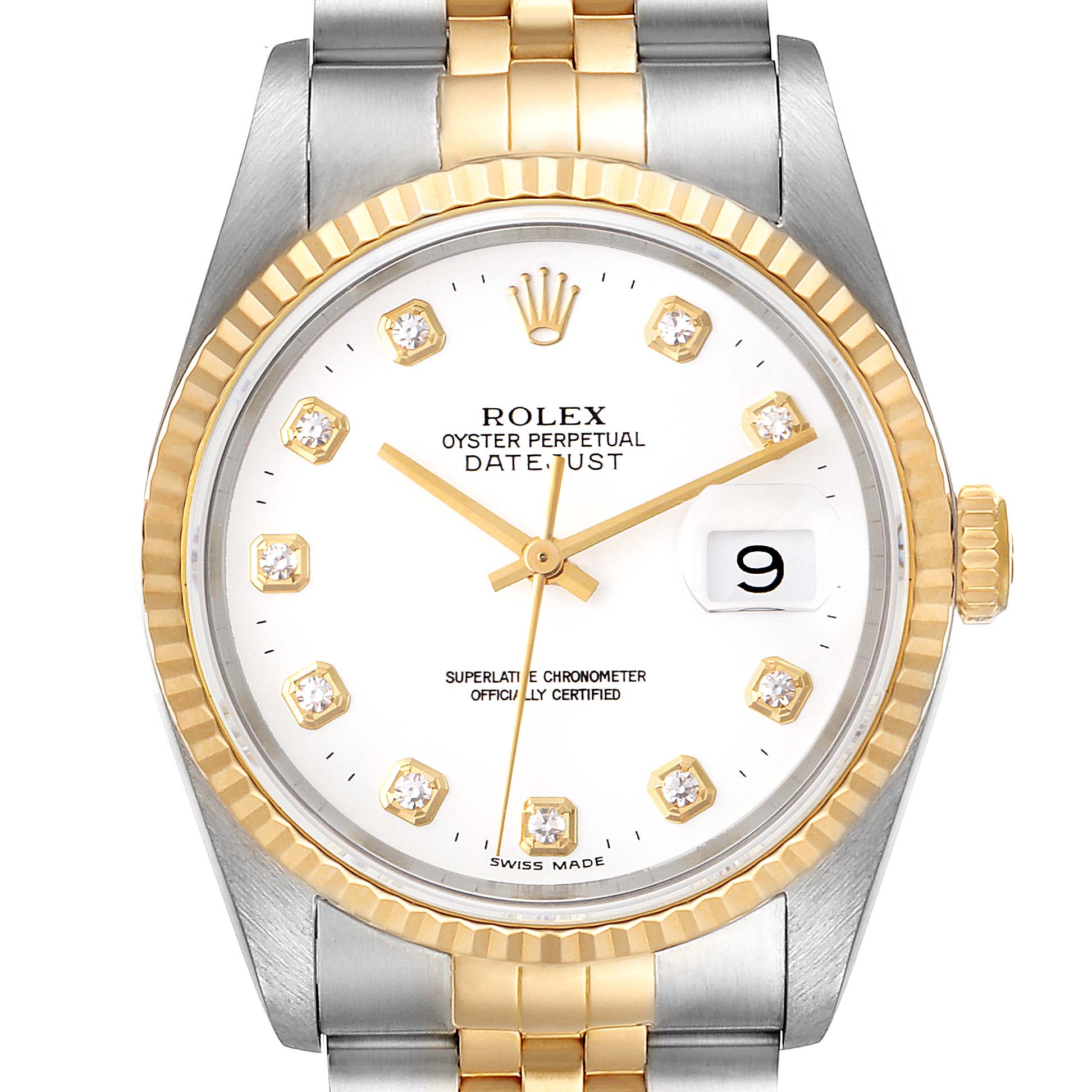 The Rolex Datejust 16233 Men's Steel and Gold (two tone) White Dial 16233 Men's Steel and Gold (two tone) White Dial watch is shown from a frontal angle, highlighting the dial, bezel, and part of the bracelet.