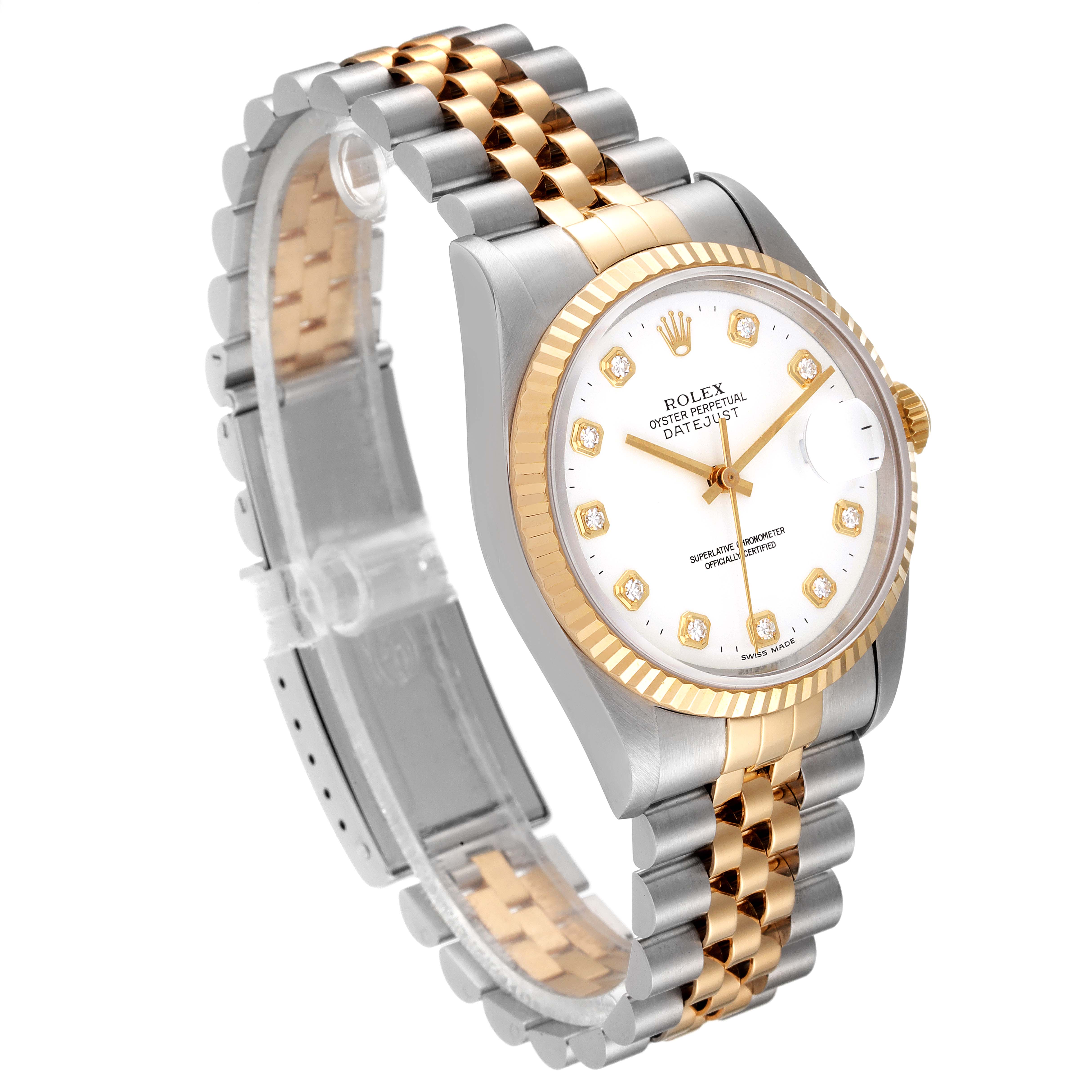 The image shows a Rolex Datejust 16233 Men's Steel and Gold (two tone) White Dial 16233 Men's Steel and Gold (two tone) White Dial watch angled from the front-left, displaying the dial, two-tone bracelet, and fluted bezel.