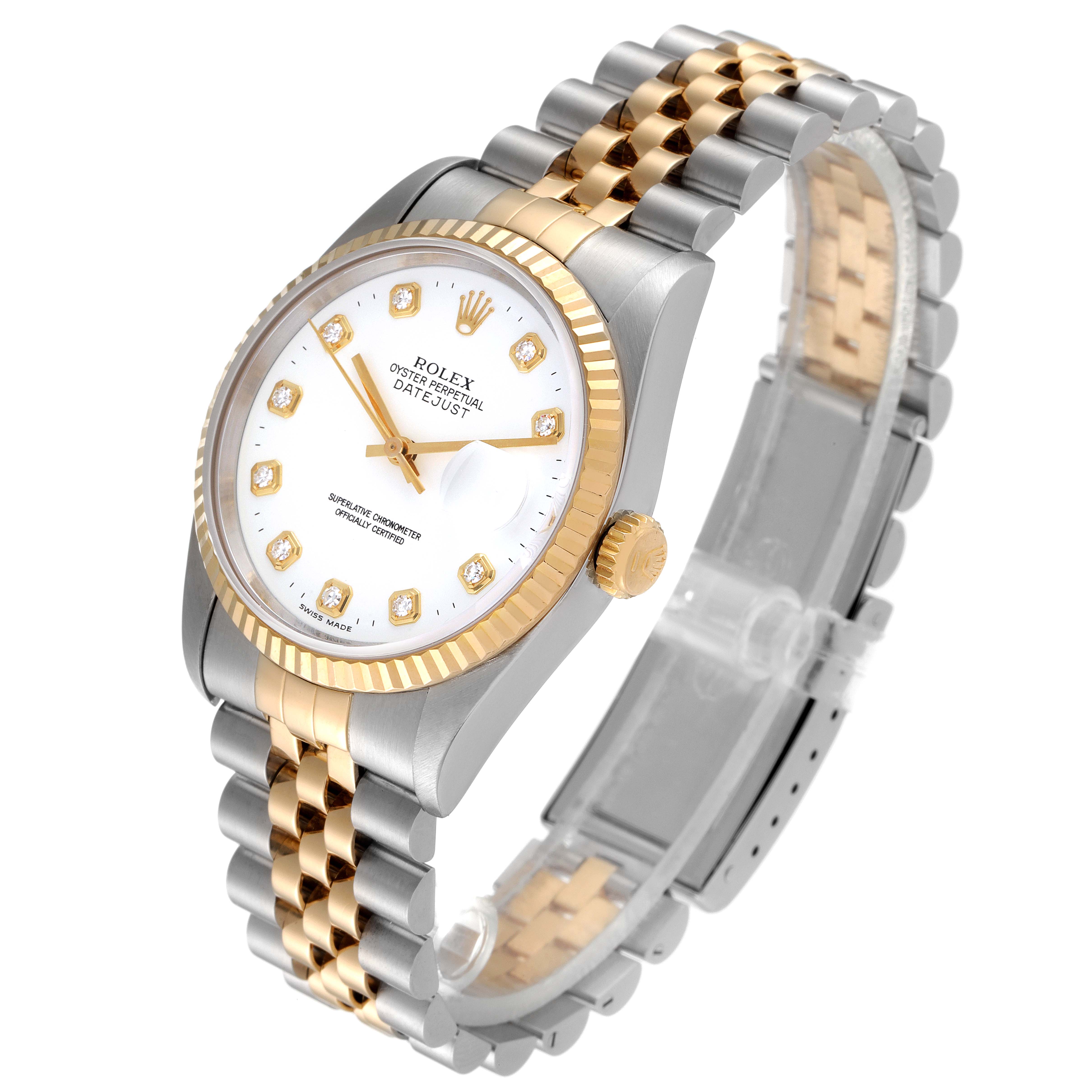 The image shows a Rolex Datejust 16233 Men's Steel and Gold (two tone) White Dial 16233 Men's Steel and Gold (two tone) White Dial watch at a three-quarter angle, highlighting the dial, bezel, and Jubilee bracelet.