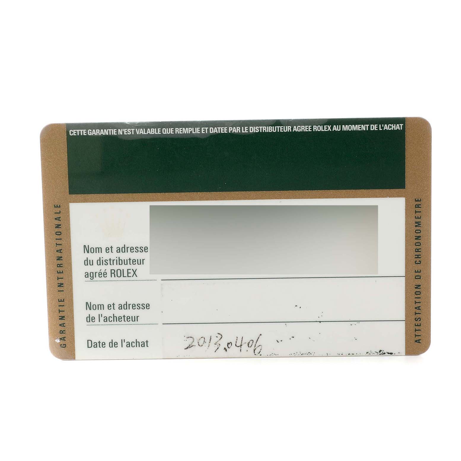 The image shows a guarantee card for a Rolex Turn-o-Graph 116264 Men
s Stainless Steel Blue Dial 116264 Men
s Stainless Steel Blue Dial, listing dealer and buyer information along with the purchase date.