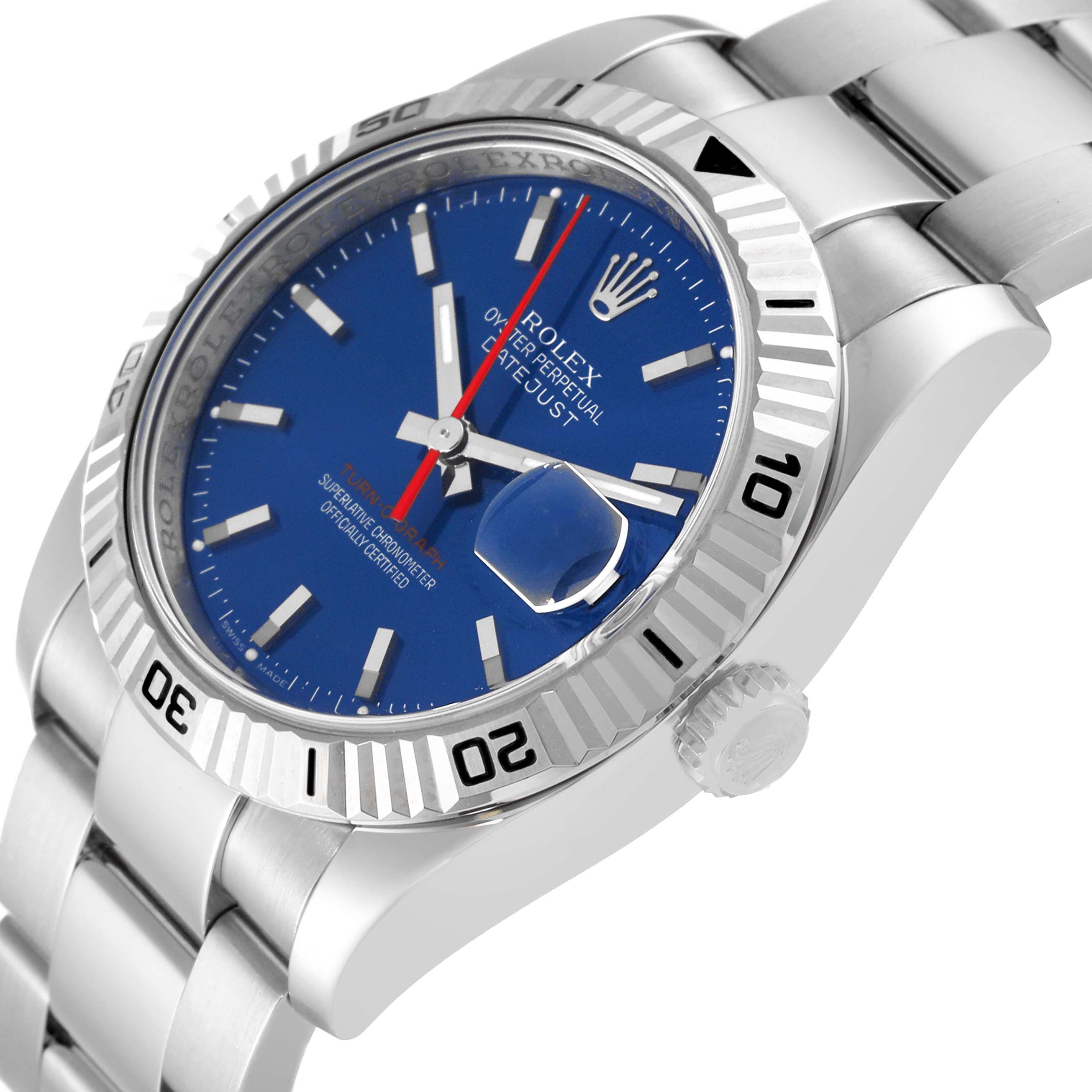The image shows a Rolex Turn-o-Graph 116264 Men
s Stainless Steel Blue Dial 116264 Men
s Stainless Steel Blue Dial watch at a three-quarter angle highlighting its bezel, dial, crown, and bracelet.