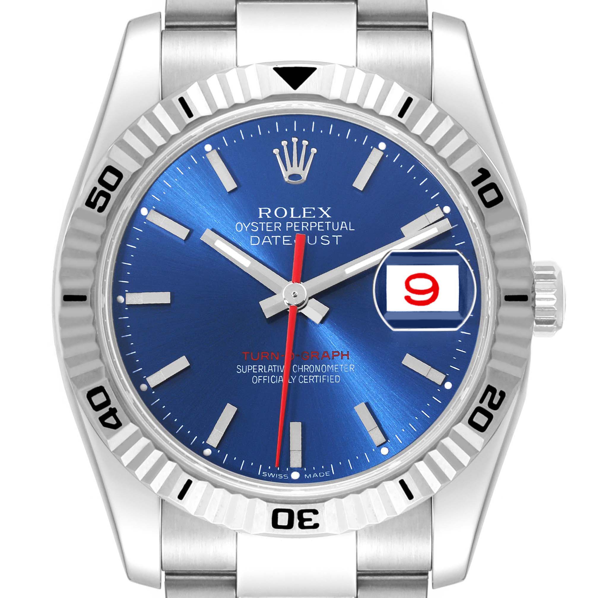 This image shows a front-facing view of the Rolex Turn-o-Graph 116264 Men
s Stainless Steel Blue Dial 116264 Men
s Stainless Steel Blue Dial watch, highlighting its blue dial, date display, and rotating bezel.