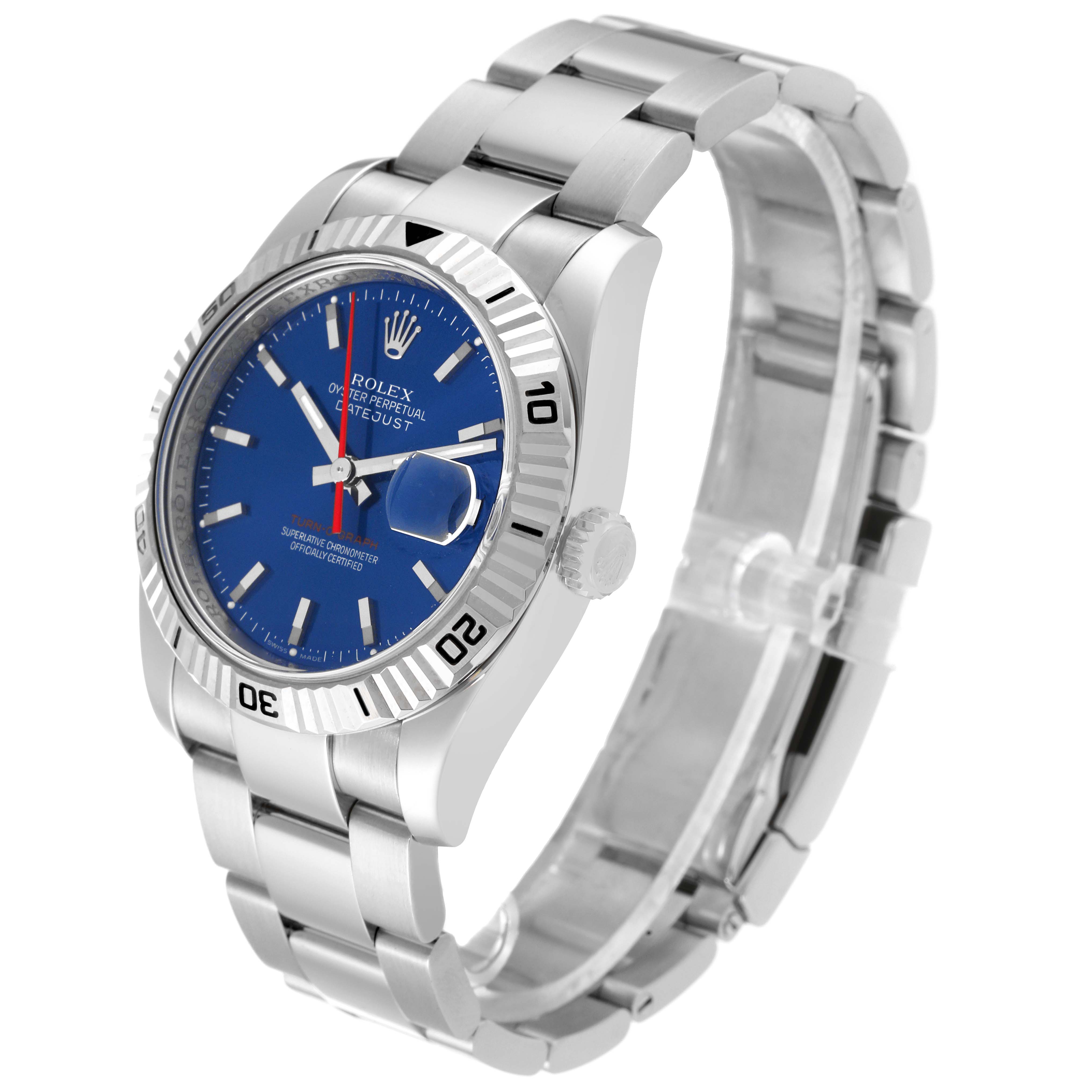 This image shows a Rolex Turn-o-Graph 116264 Men
s Stainless Steel Blue Dial 116264 Men
s Stainless Steel Blue Dial watch at a three-quarter angle, highlighting its blue dial and stainless steel bracelet.