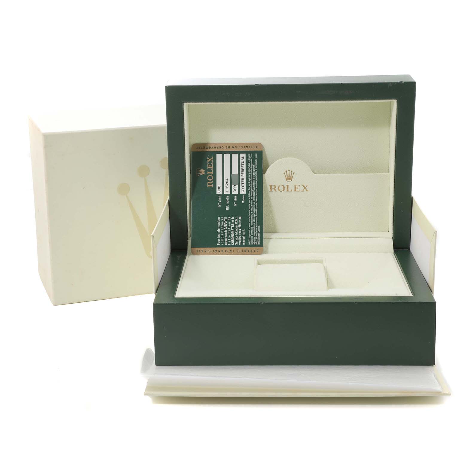 The image shows the packaging box and the warranty card for a Rolex Turn-o-Graph 116264 Men
s Stainless Steel Blue Dial 116264 Men
s Stainless Steel Blue Dial watch.