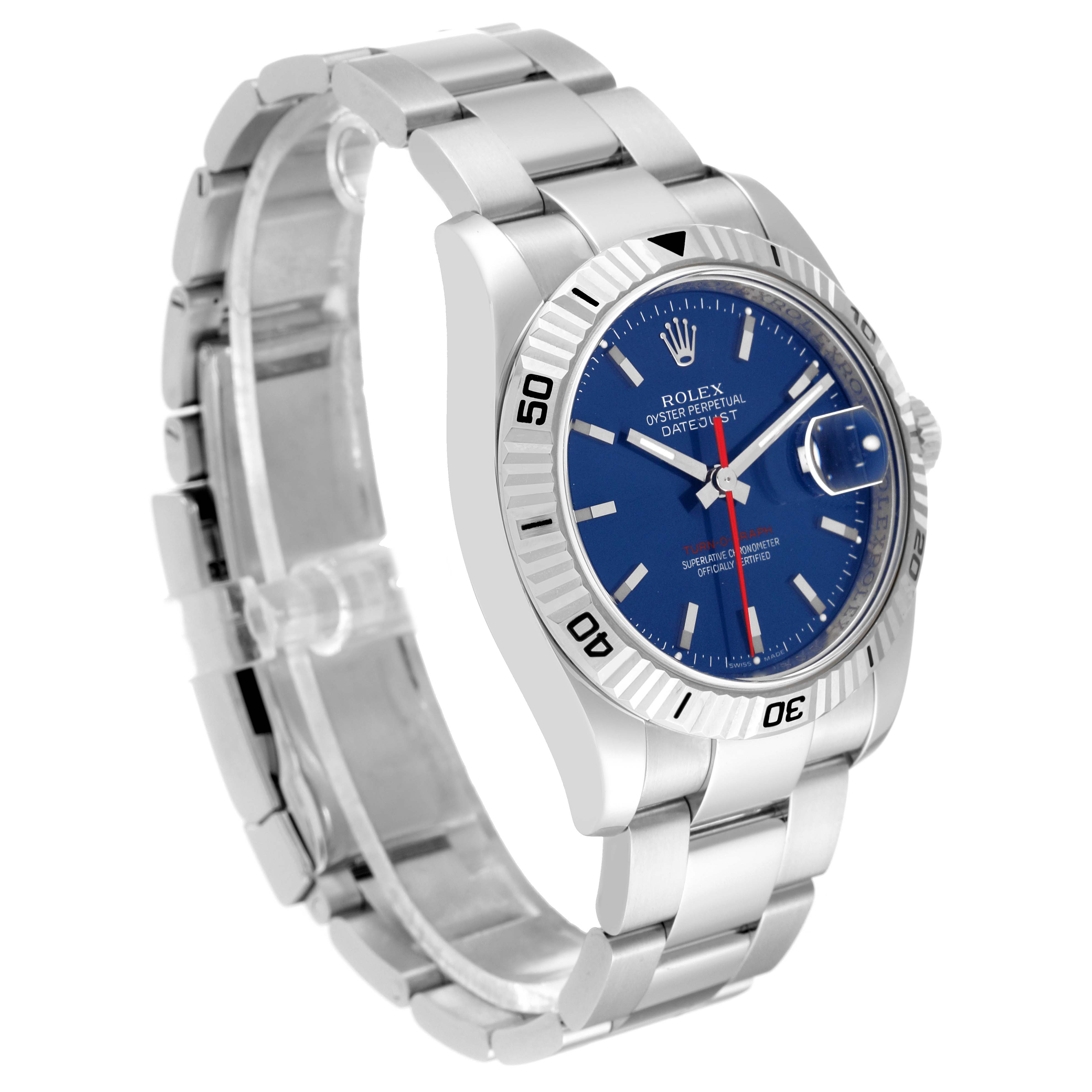 This image shows a Rolex Turn-o-Graph 116264 Men
s Stainless Steel Blue Dial 116264 Men
s Stainless Steel Blue Dial watch at a three-quarter angle, displaying its blue dial, bezel, bracelet, and clasp.