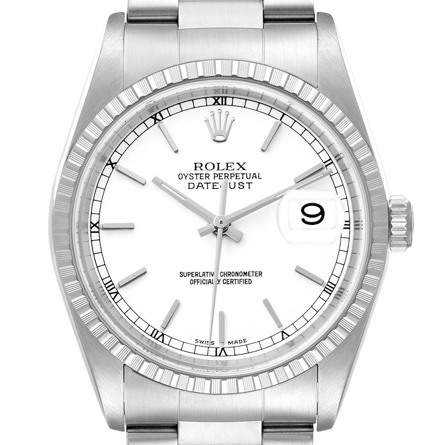 Rolex Datejust White Dial Engine Turned Bezel Steel Mens Watch 16220 Box Papers SwissWatchExpo