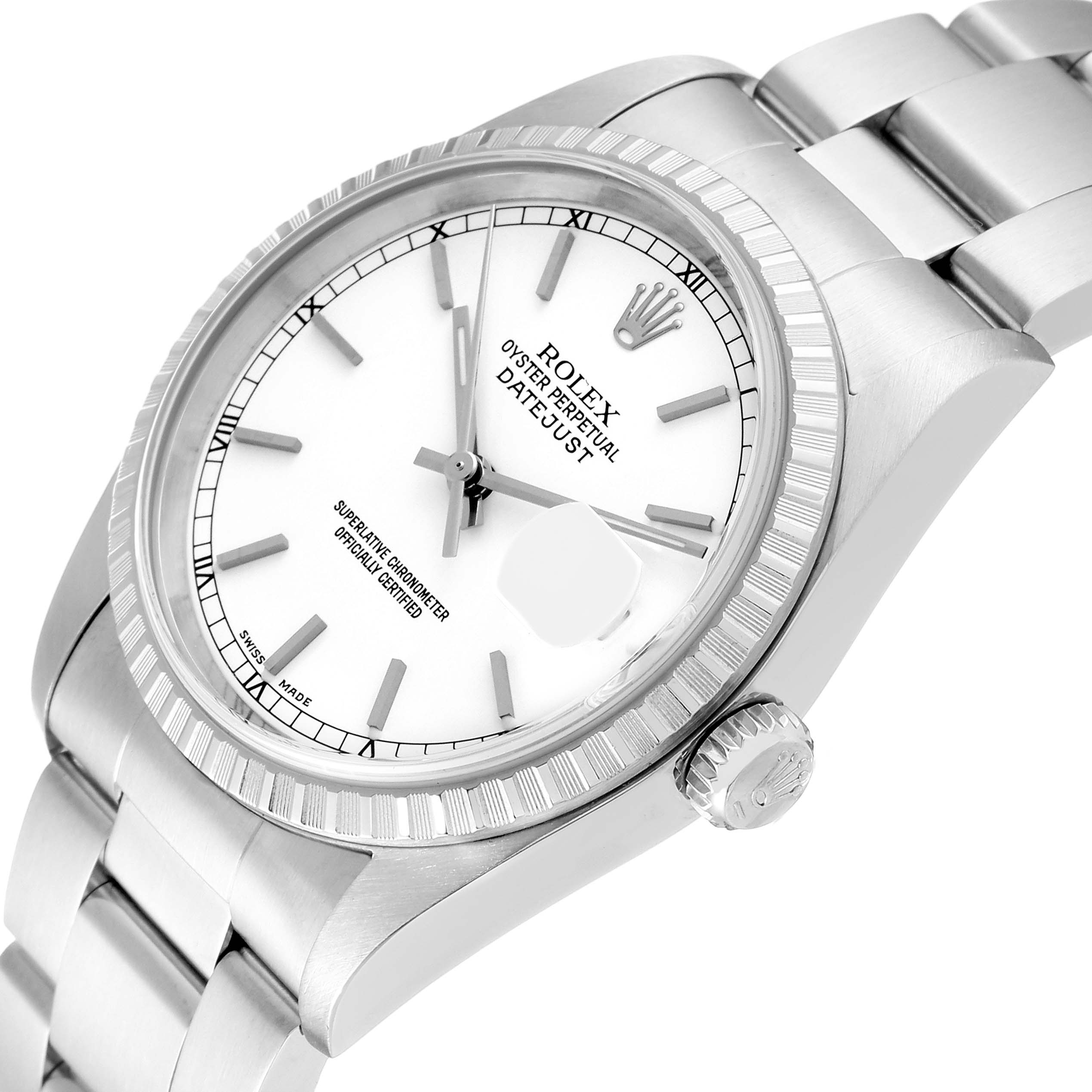 The image shows a close-up angled view of a Rolex Datejust 16220 Men's Stainless Steel White Dial 16220 Men's Stainless Steel White Dial watch, highlighting the face, bezel, and bracelet.