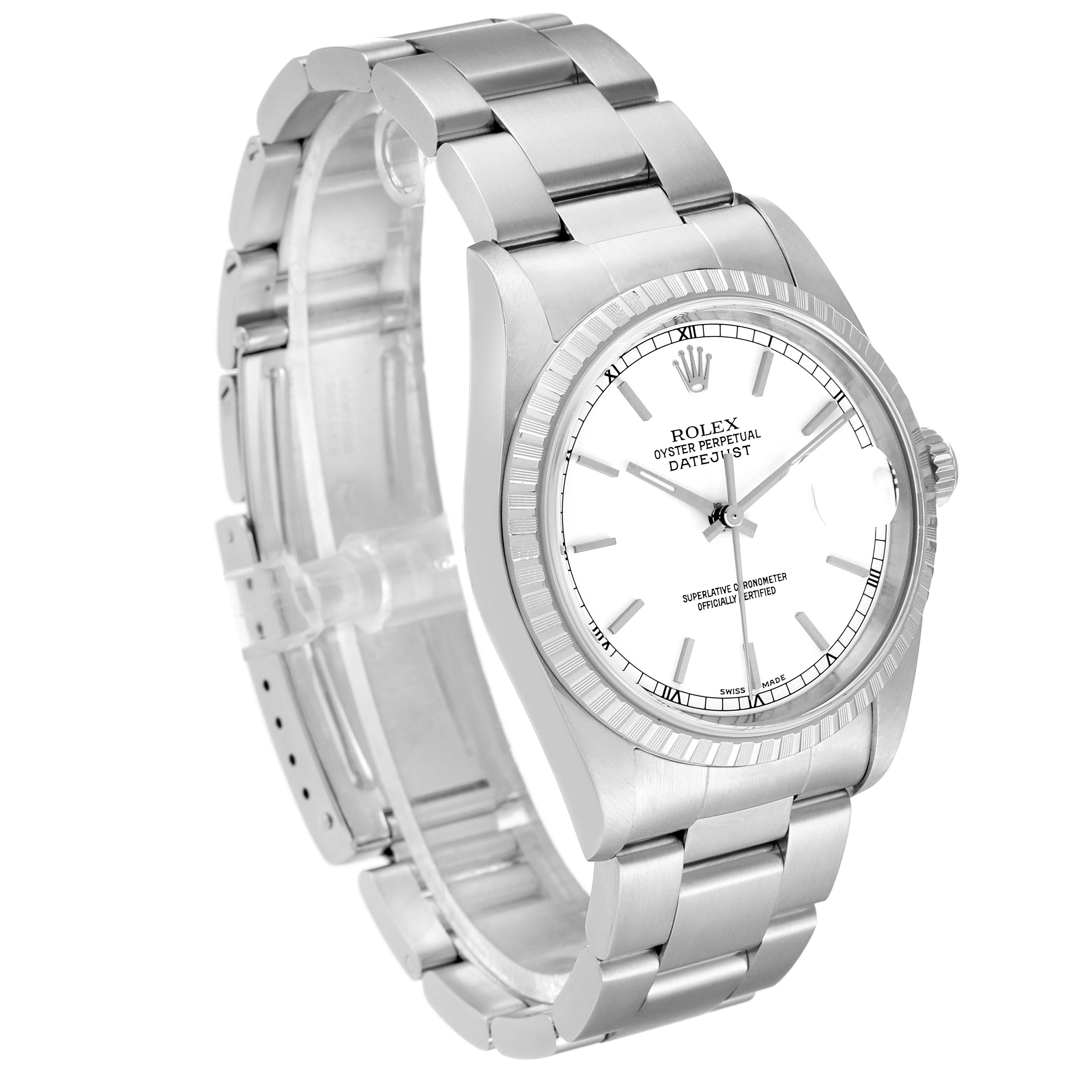 The image shows a Rolex Datejust 16220 Men's Stainless Steel White Dial 16220 Men's Stainless Steel White Dial watch from a front-left angle, highlighting the face, bezel, bracelet, and partially open clasp.