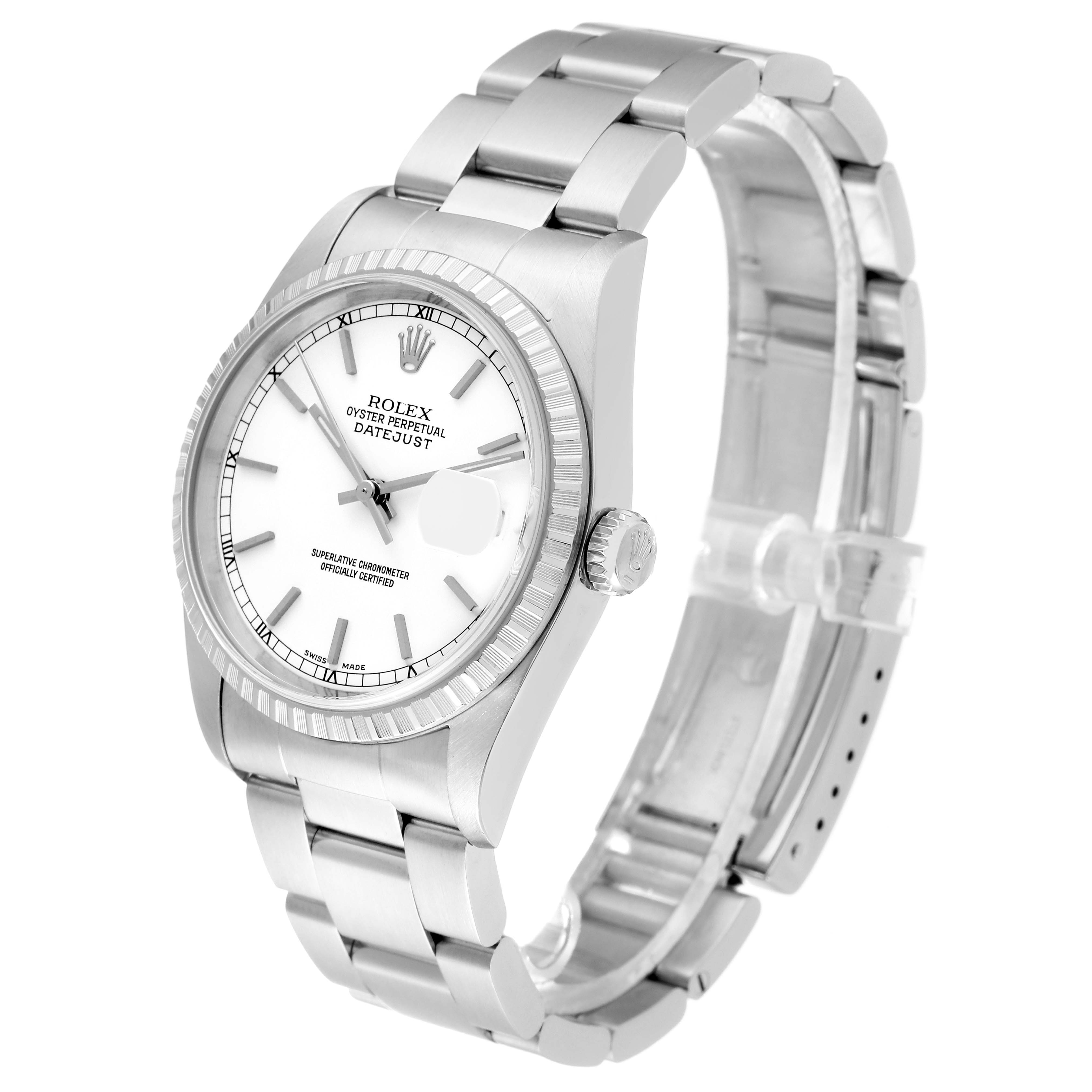 The Rolex Datejust 16220 Men's Stainless Steel White Dial 16220 Men's Stainless Steel White Dial watch is shown at an angled view, displaying the front dial, bezel, crown, and part of the bracelet.
