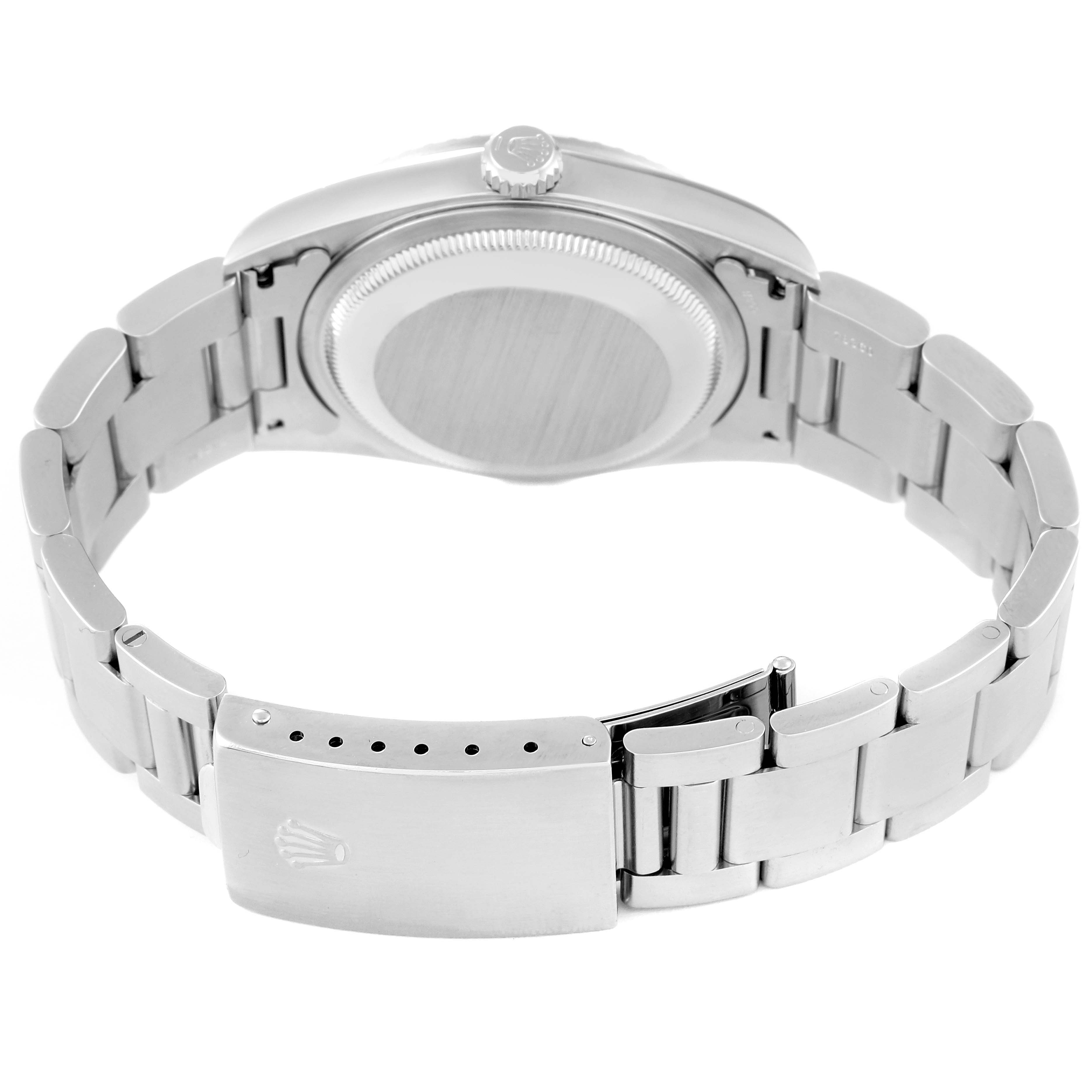 This image shows the back and clasp of a Rolex Datejust 16220 Men's Stainless Steel White Dial 16220 Men's Stainless Steel White Dial watch, taken from a rear angle.