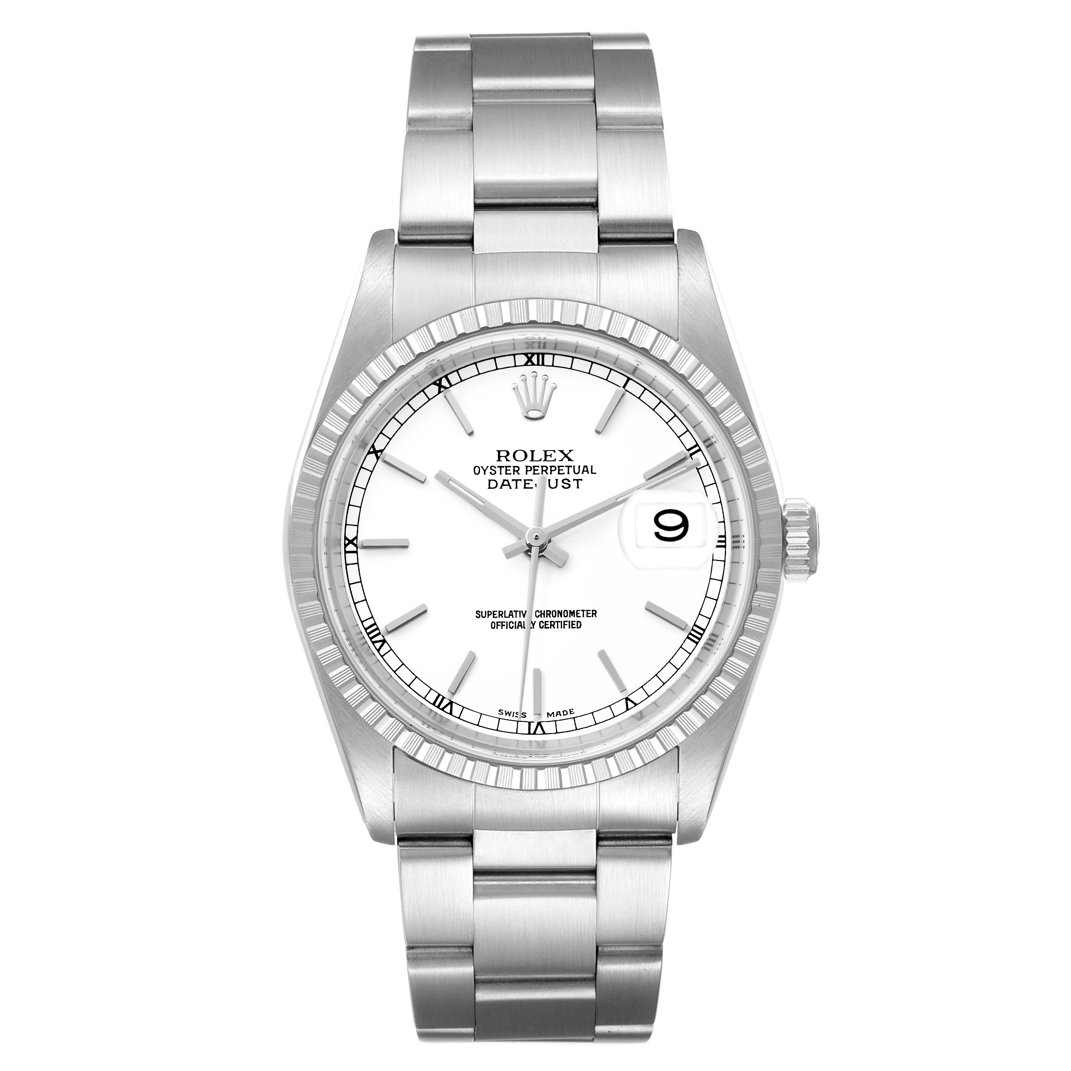 The image shows a front view of the Rolex Datejust 16220 Men's Stainless Steel White Dial 16220 Men's Stainless Steel White Dial watch, highlighting its dial, bracelet, and fluted bezel.