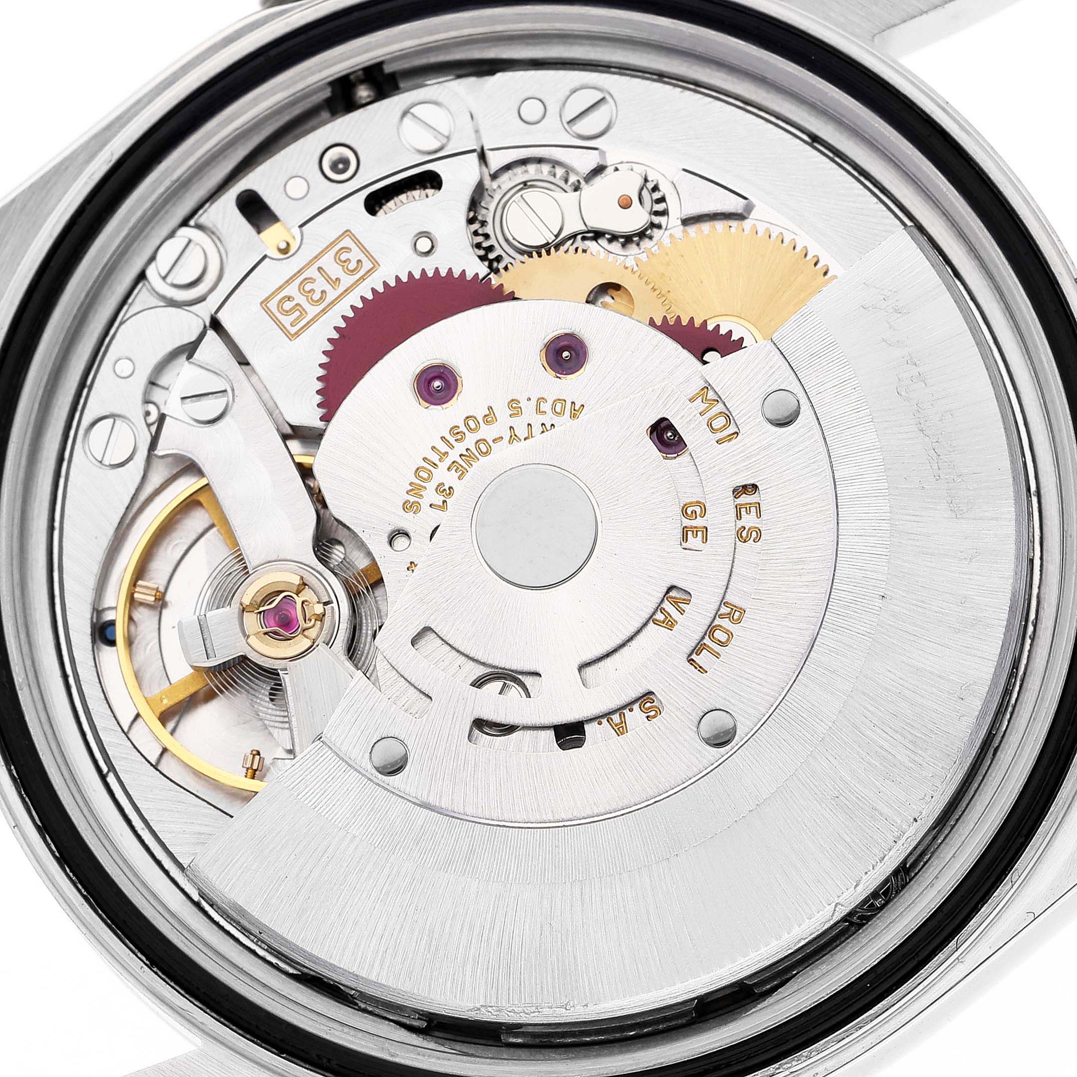 This image shows the intricate internal mechanism and movement of a Rolex Datejust 16220 Men's Stainless Steel White Dial 16220 Men's Stainless Steel White Dial watch, viewed from the back.