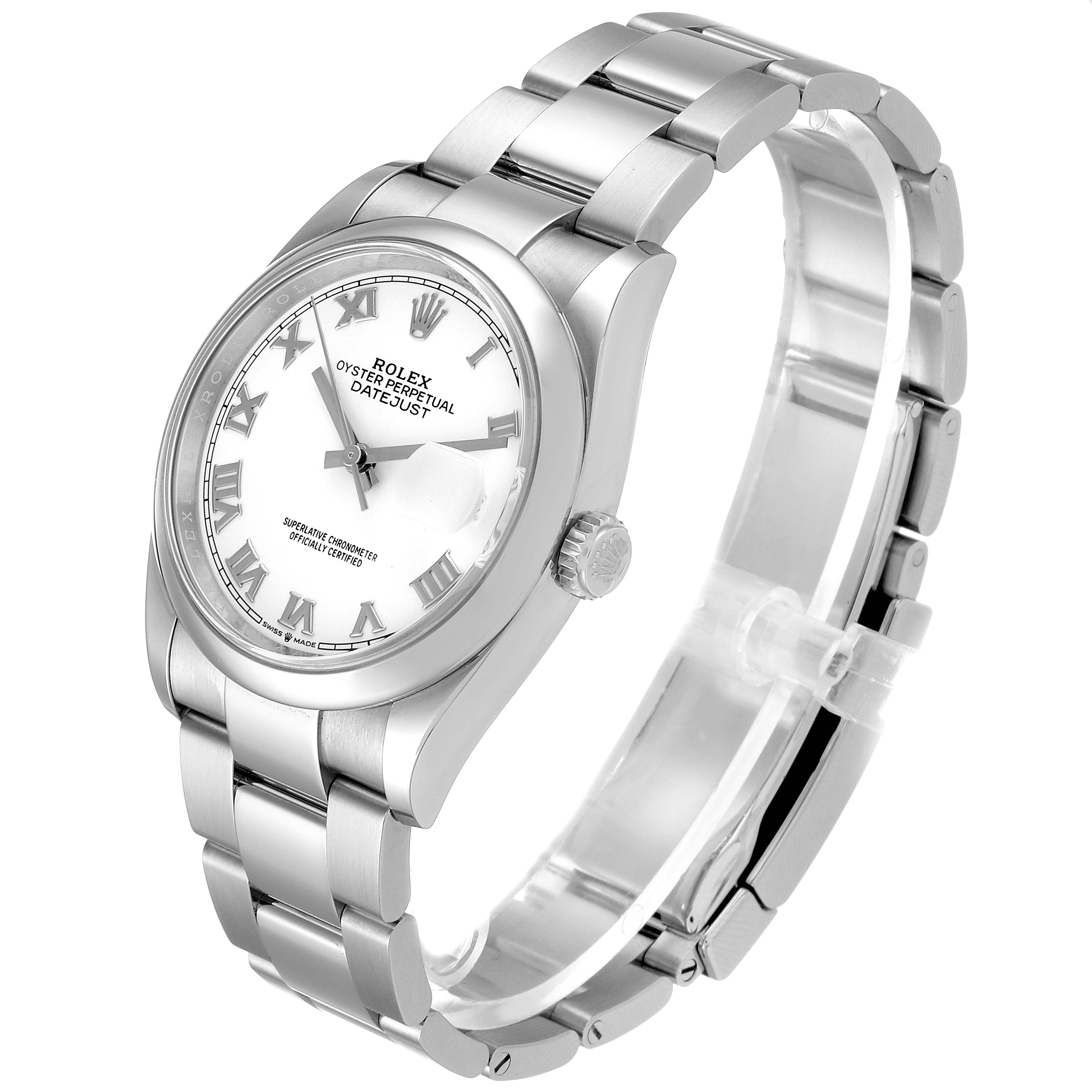 The image shows a side and front angle of a Rolex Datejust 126200 Men's Stainless Steel White Dial 126200 Men's Stainless Steel White Dial watch, including the face, bezel, and bracelet.