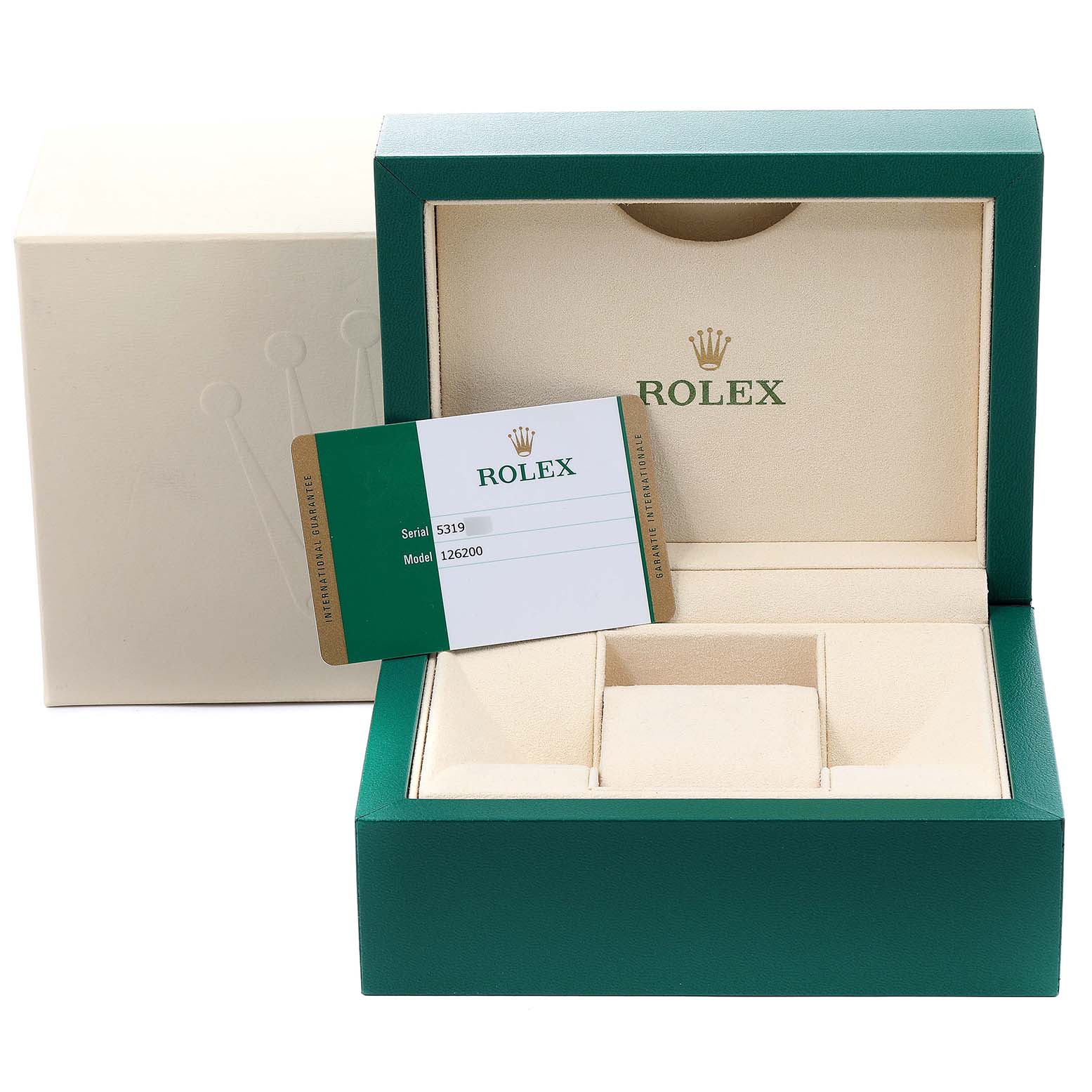 The image shows a Rolex Datejust 126200 Men's Stainless Steel White Dial 126200 Men's Stainless Steel White Dial watch box with a model card angled sideways inside the open box.