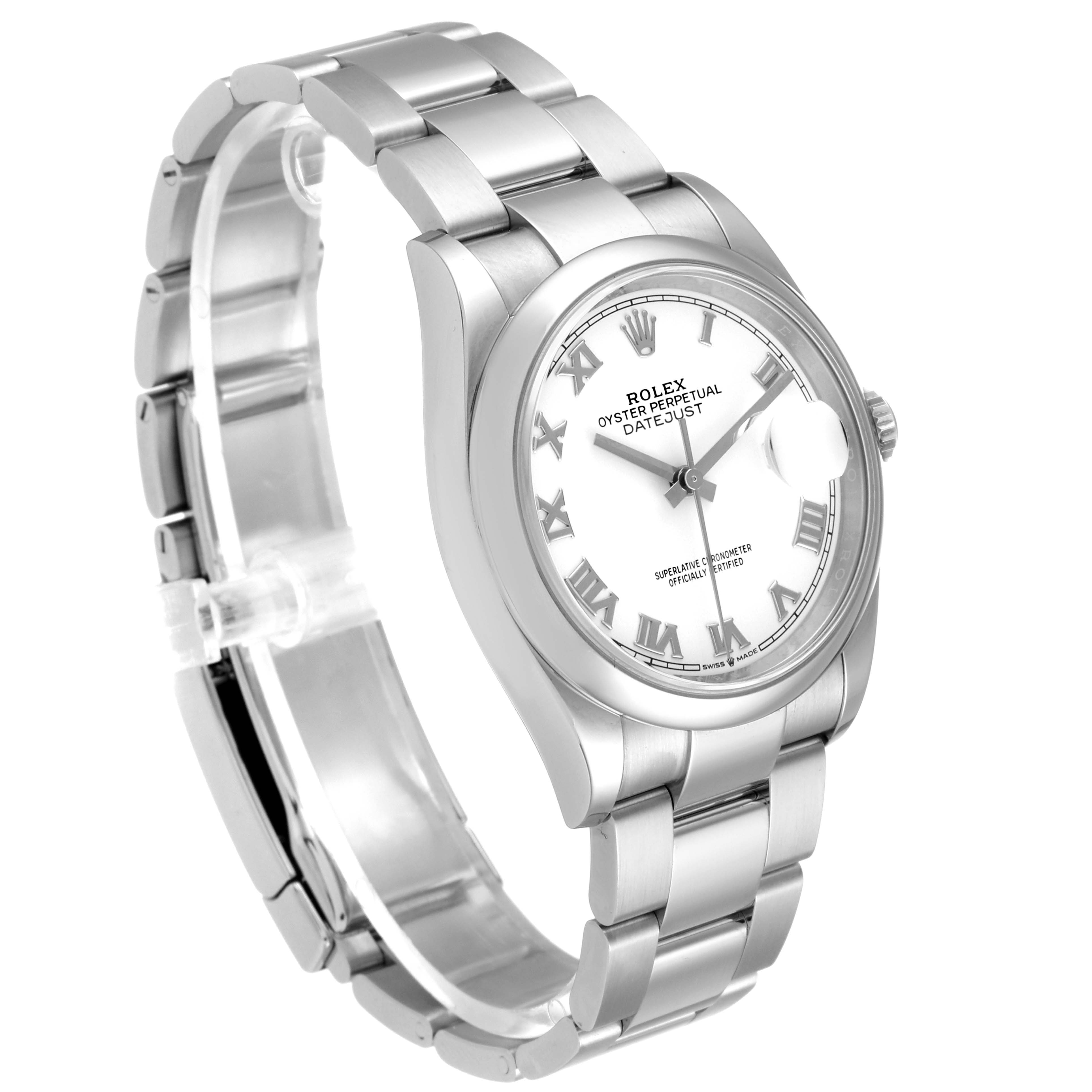 The image shows a frontal angle of the Rolex Datejust 126200 Men's Stainless Steel White Dial 126200 Men's Stainless Steel White Dial watch, highlighting its dial, bracelet, and crown.