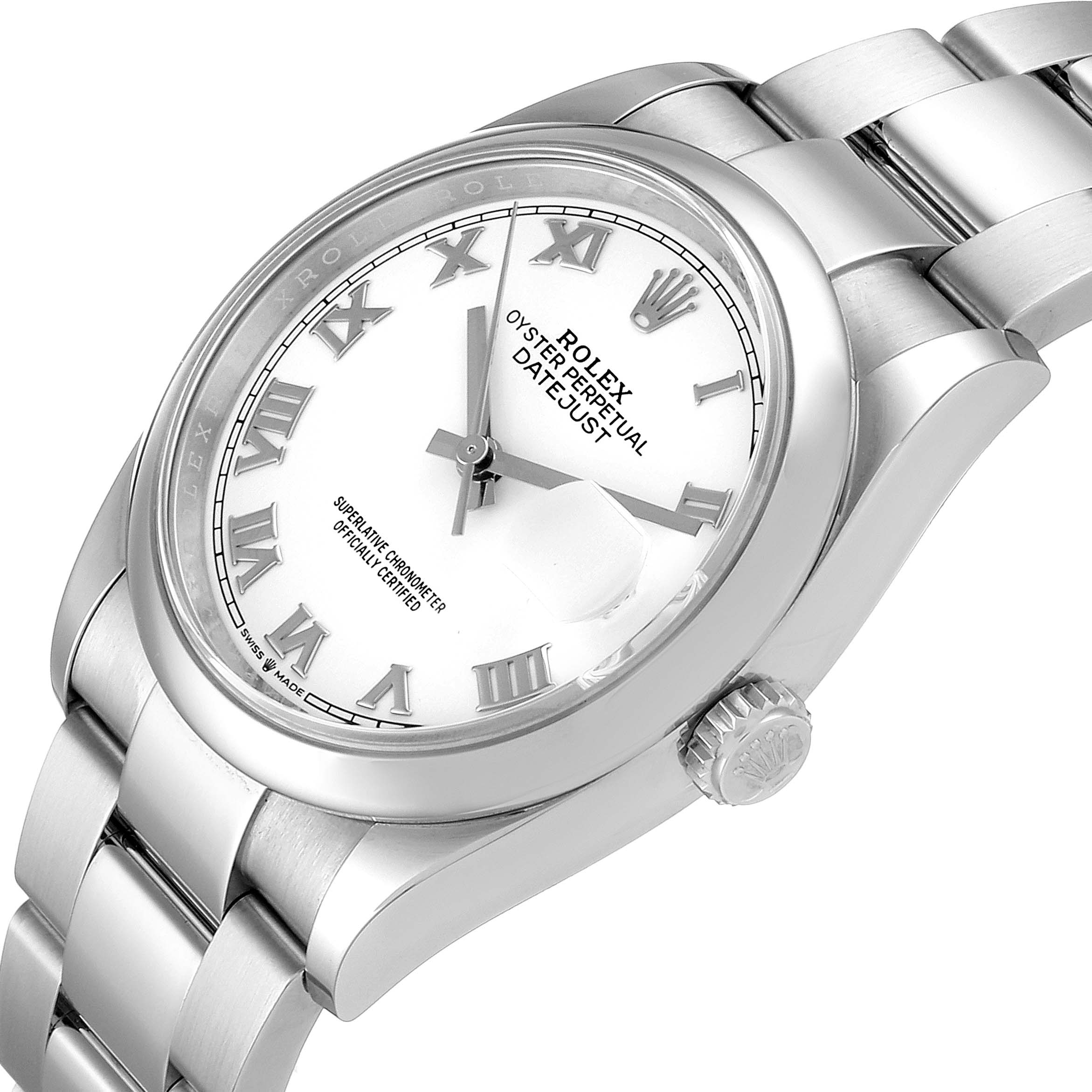 The Rolex Datejust 126200 Men's Stainless Steel White Dial 126200 Men's Stainless Steel White Dial watch is shown at an angle highlighting the dial, crown, and bracelet.