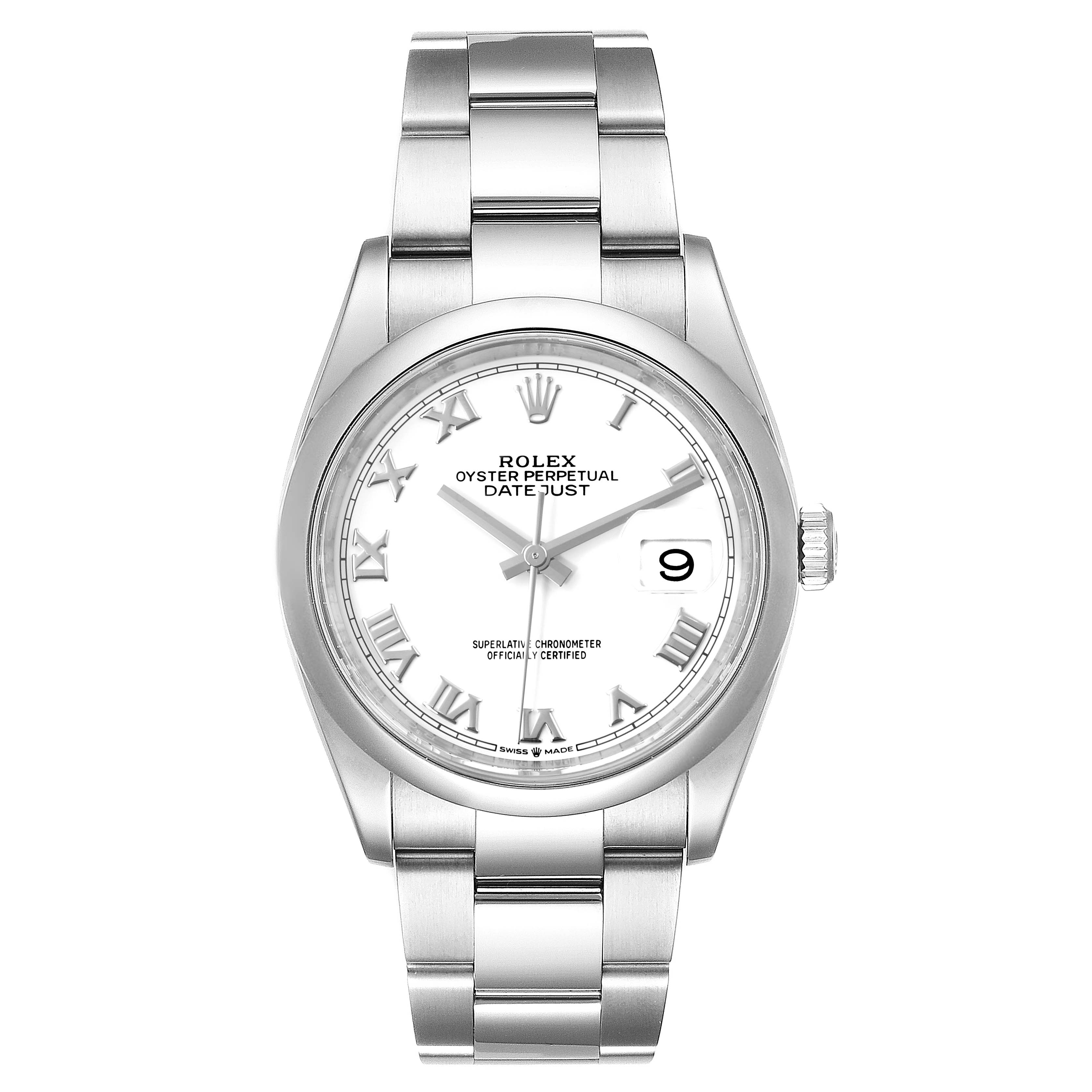 This is a front view of the Rolex Datejust 126200 Men's Stainless Steel White Dial 126200 Men's Stainless Steel White Dial model watch displaying the dial, bracelet, and crown.