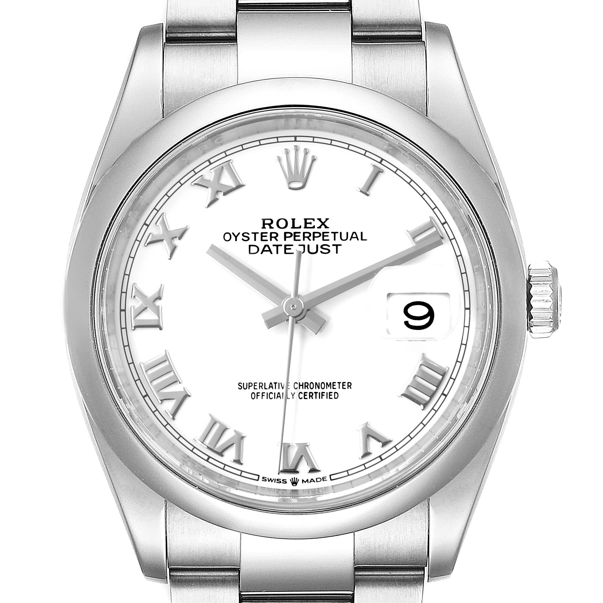 This image shows a front view of the Rolex Datejust 126200 Men's Stainless Steel White Dial 126200 Men's Stainless Steel White Dial watch, displaying the dial, hands, date window, and portion of the bracelet.