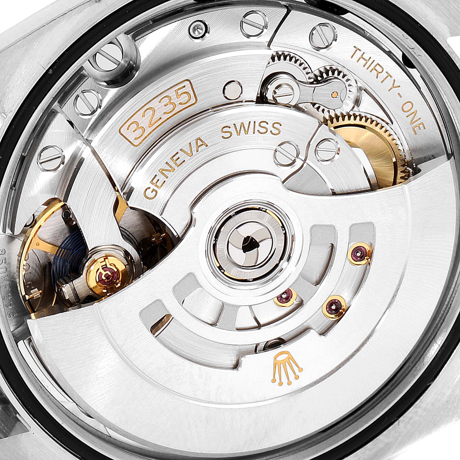 This is a close-up view of the movement mechanism of a Rolex Datejust 126200 Men's Stainless Steel White Dial 126200 Men's Stainless Steel White Dial watch, displaying the intricate Swiss engineering.