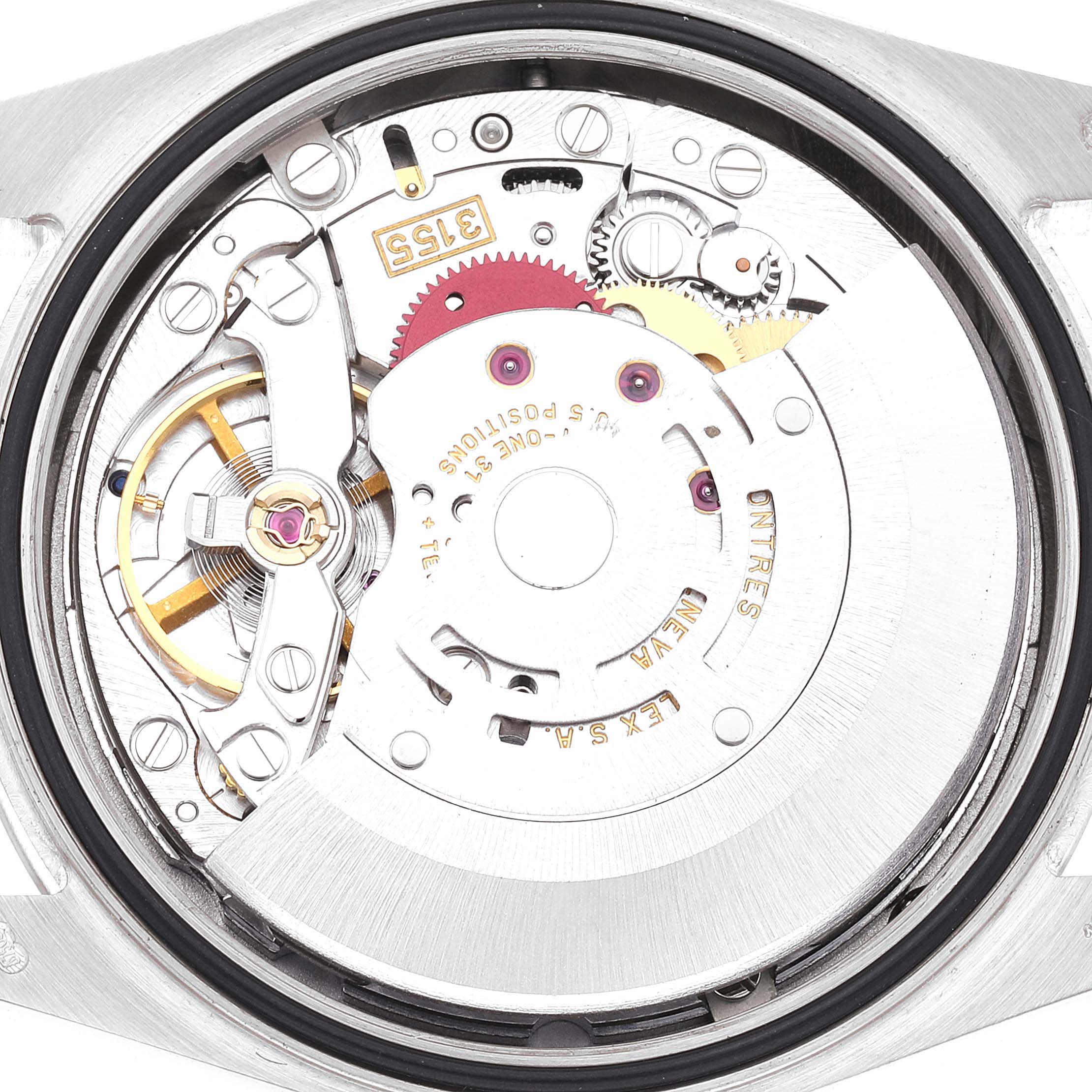 This image shows the detailed internal mechanism and movement of a Rolex President 118239 Men's White Gold Silver Dial 118239 Men's White Gold Silver Dial model watch from a back angle.