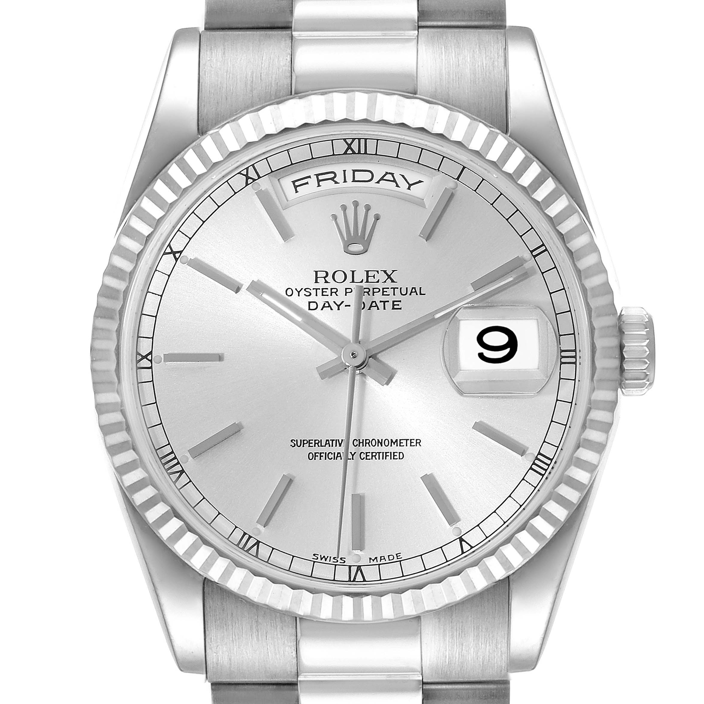 This image shows the face of a Rolex President 118239 Men's White Gold Silver Dial 118239 Men's White Gold Silver Dial Day-Date model watch, highlighting the day, date, and hour markers.