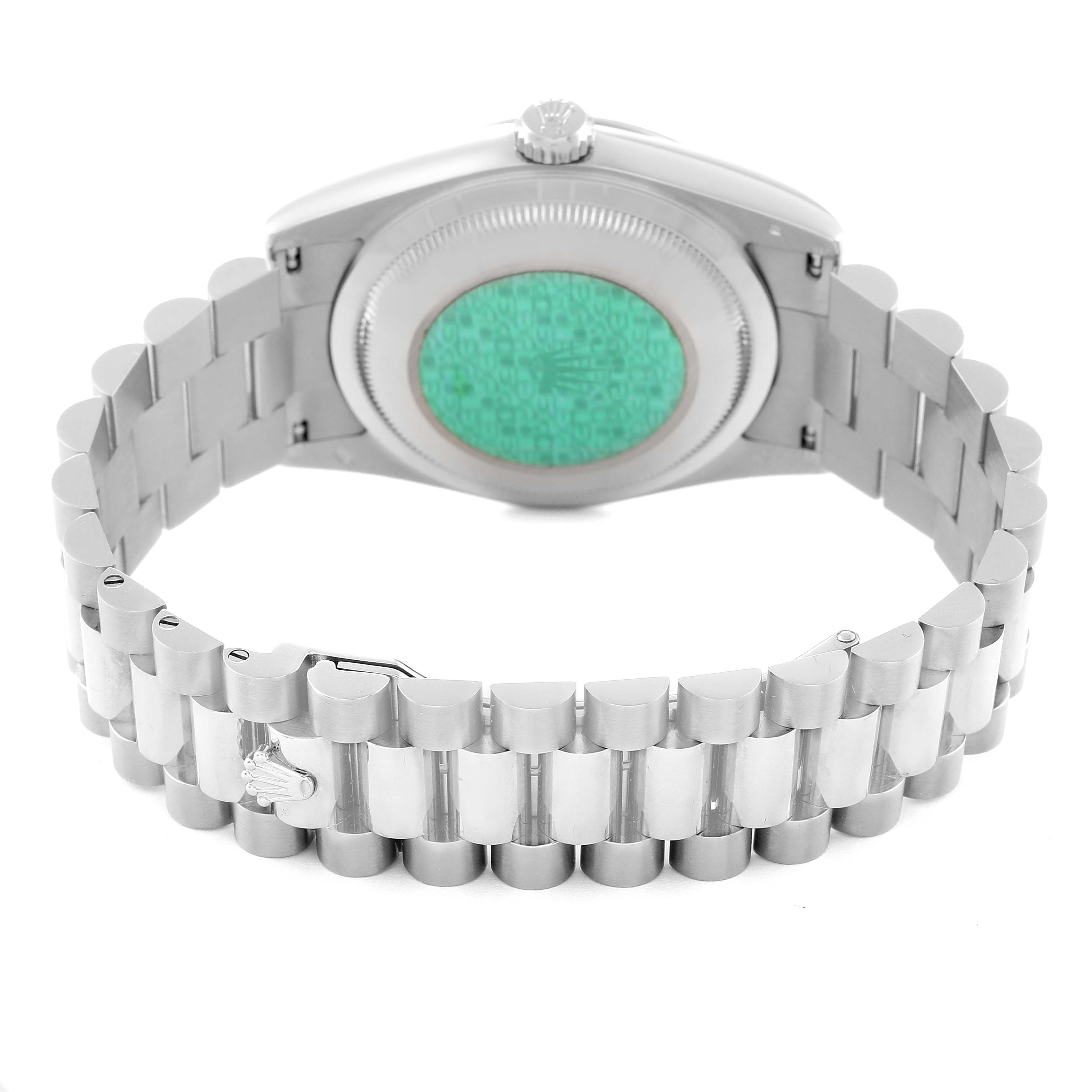 The image shows the back view of a Rolex President 118239 Men's White Gold Silver Dial 118239 Men's White Gold Silver Dial model watch, highlighting the bracelet and case back.