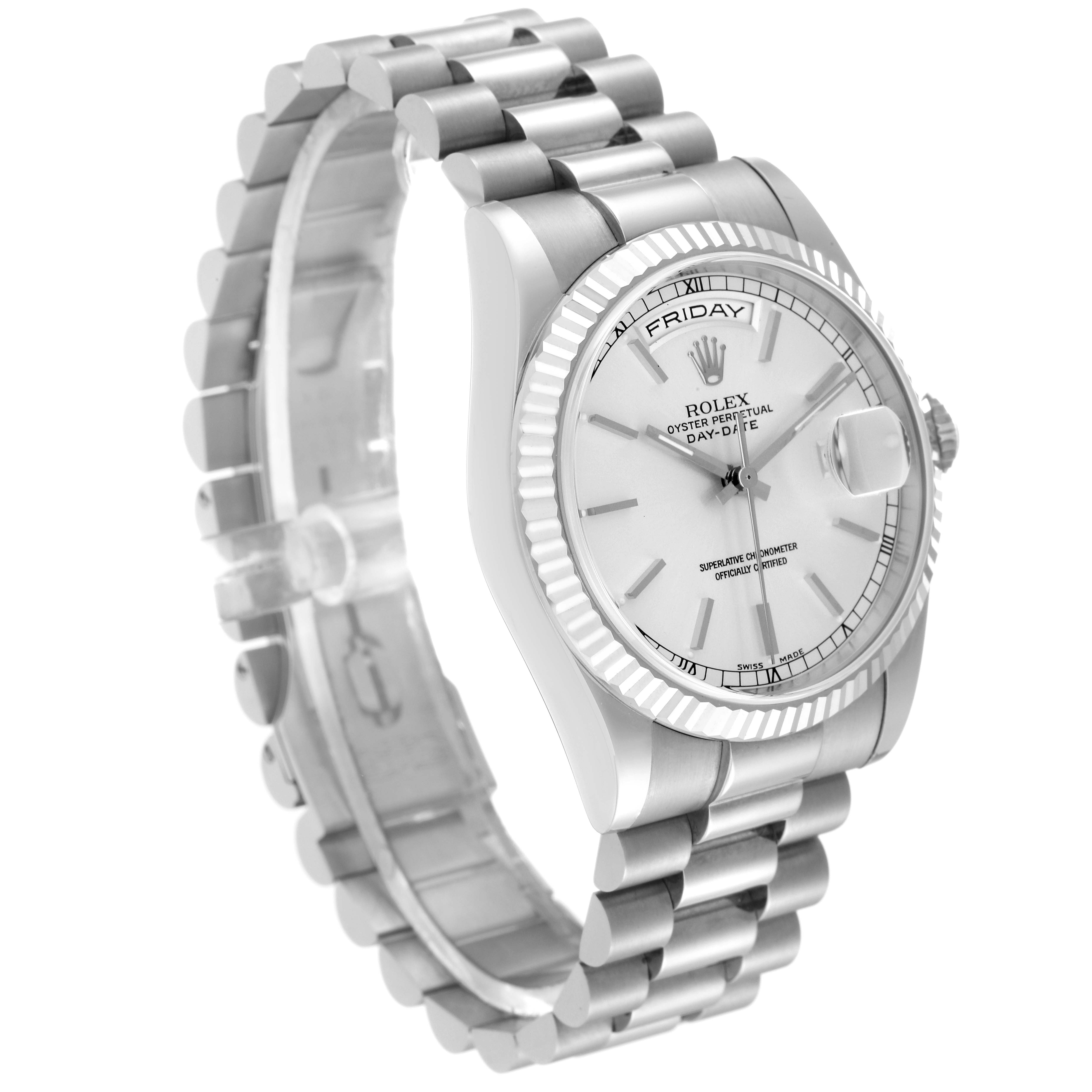 This image shows a Rolex President 118239 Men's White Gold Silver Dial 118239 Men's White Gold Silver Dial model watch at a three-quarter angle, revealing the watch face, bezel, and bracelet.