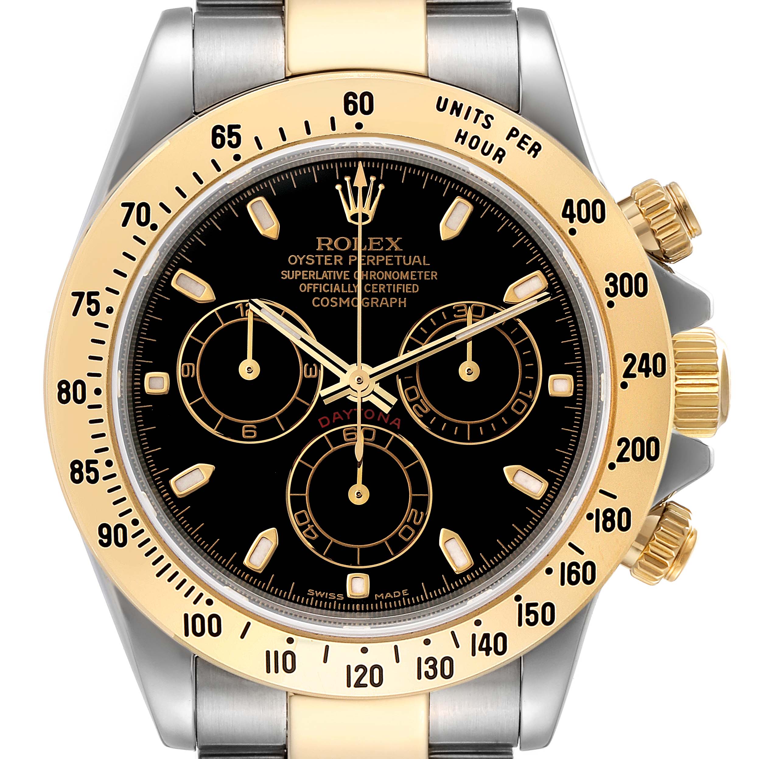 The image shows a frontal view of a Rolex Daytona 116523 Men's Steel and Gold (two tone) Black Dial 116523 Men's Steel and Gold (two tone) Black Dial watch, highlighting its face, bezel, and chronograph dials.