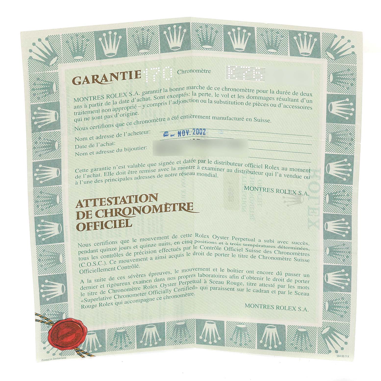 The image shows the warranty card for a Rolex Daytona 116523 Men's Steel and Gold (two tone) Black Dial 116523 Men's Steel and Gold (two tone) Black Dial watch.