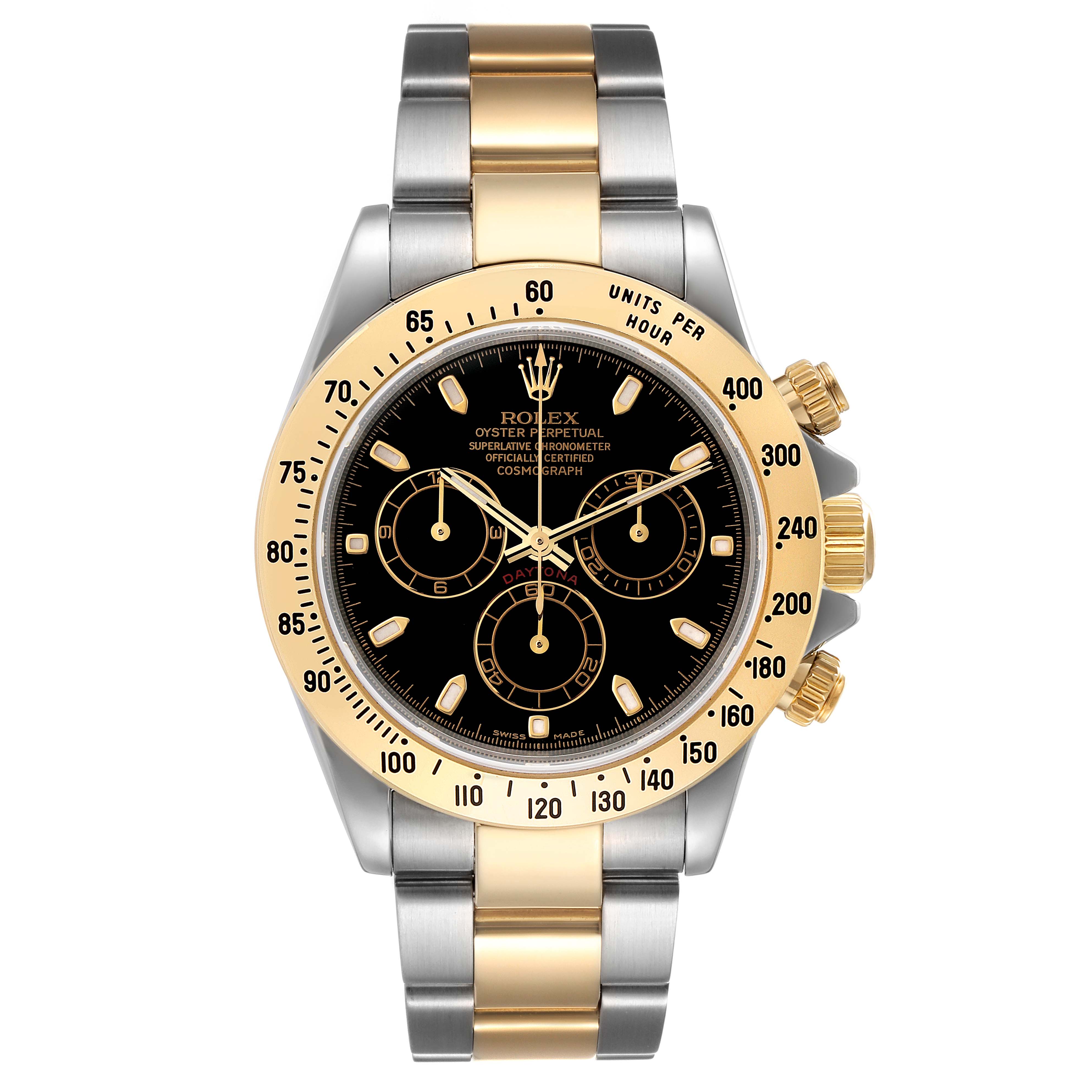 The image shows a front view of a Rolex Daytona 116523 Men's Steel and Gold (two tone) Black Dial 116523 Men's Steel and Gold (two tone) Black Dial watch, highlighting its black dial, gold bezel, and two-tone metal band.