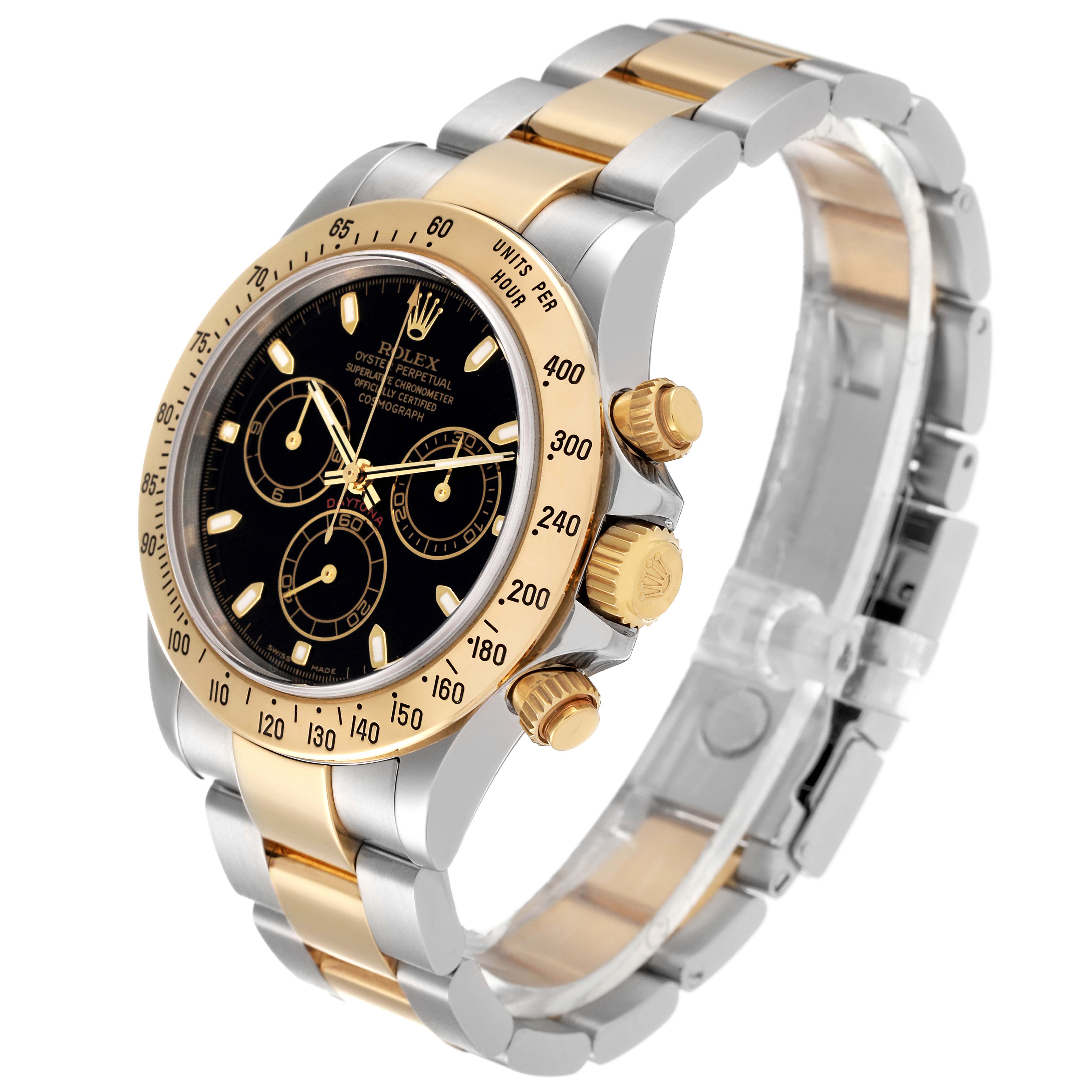 The Rolex Daytona 116523 Men's Steel and Gold (two tone) Black Dial 116523 Men's Steel and Gold (two tone) Black Dial watch is shown at a slight angle, displaying the face, crown, bezel, and bracelet.