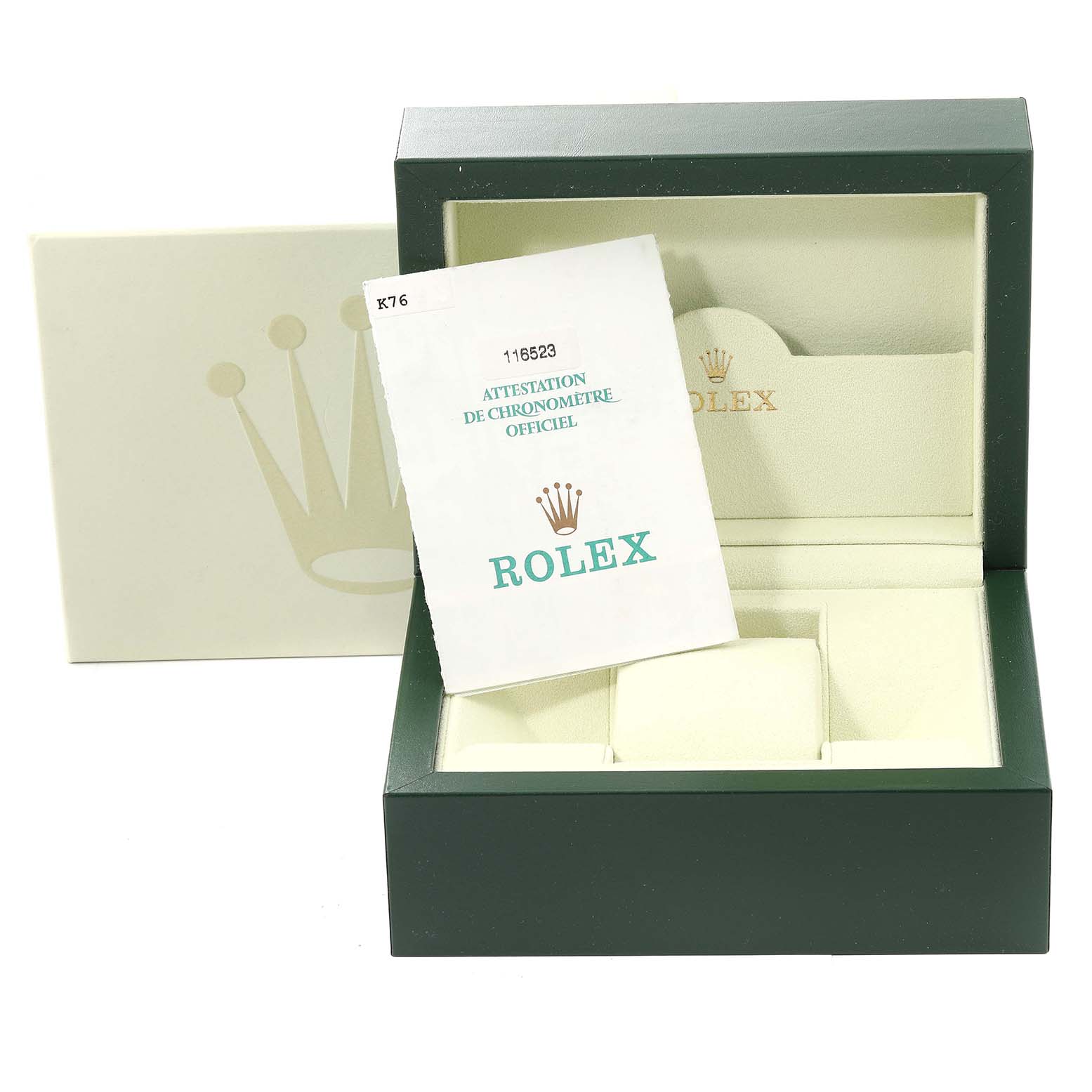 The image shows an open Rolex Daytona 116523 Men's Steel and Gold (two tone) Black Dial 116523 Men's Steel and Gold (two tone) Black Dial watch box and a certificate of authenticity placed inside.