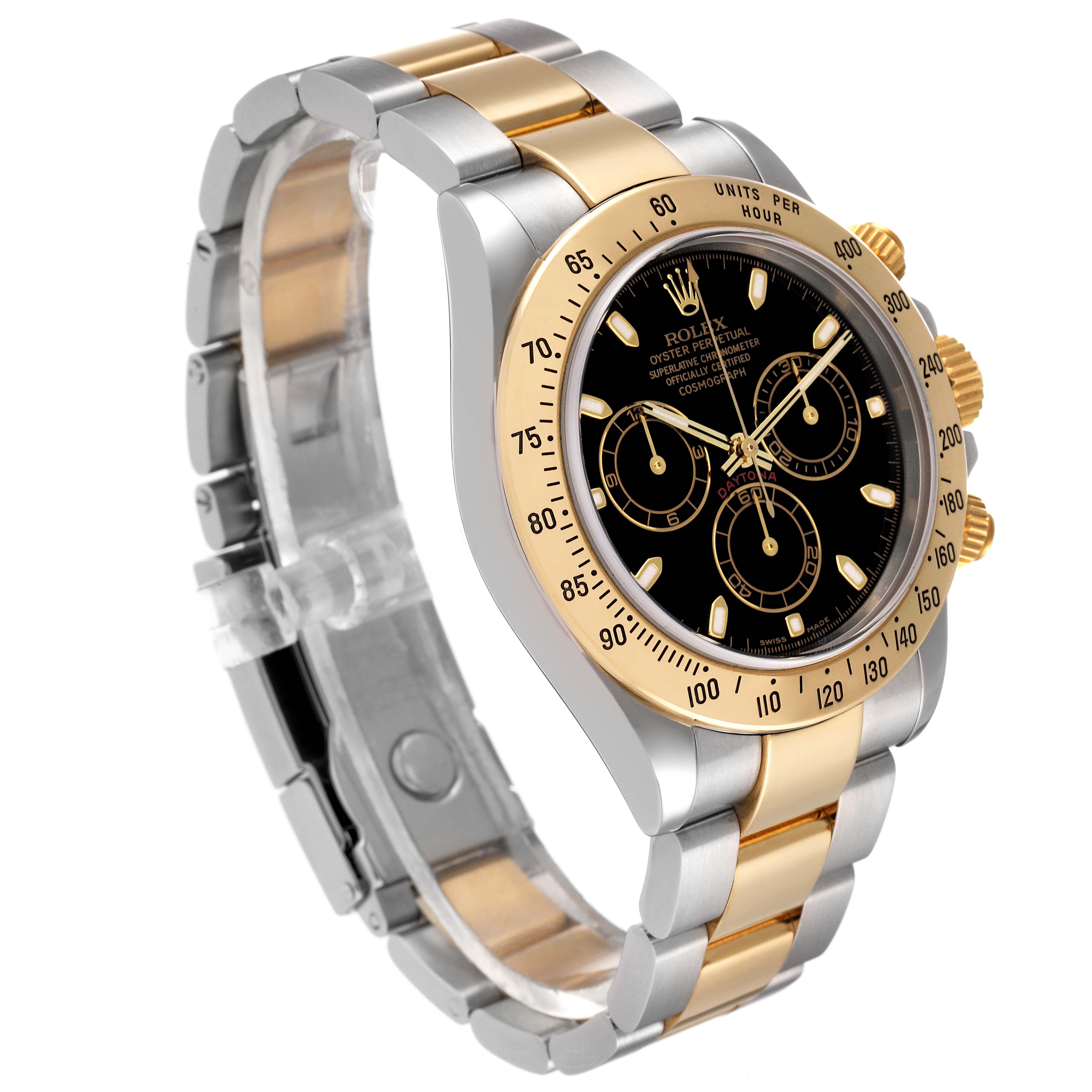The Rolex Daytona 116523 Men's Steel and Gold (two tone) Black Dial 116523 Men's Steel and Gold (two tone) Black Dial watch is shown at a three-quarter angle, highlighting the bezel, dial, crown, and strap.